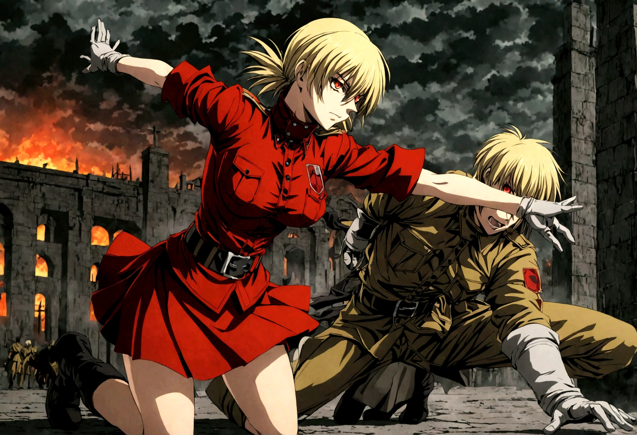 (masterpiece, top quality, best quality, official art, beautiful and aesthetic:1.2), (1girl), extreme detailed,(Victoria Seras, blond short hair, short back twintails, red eyes, Hellsing anime, Vampire, Hellsing uniform, (yellow military uniform), skirt, wide Rolled up sleeves, Chevron, black belt),colorful,highest detailed,((full body)), fighting, brawl pose, have angry and happy face expression, berserk