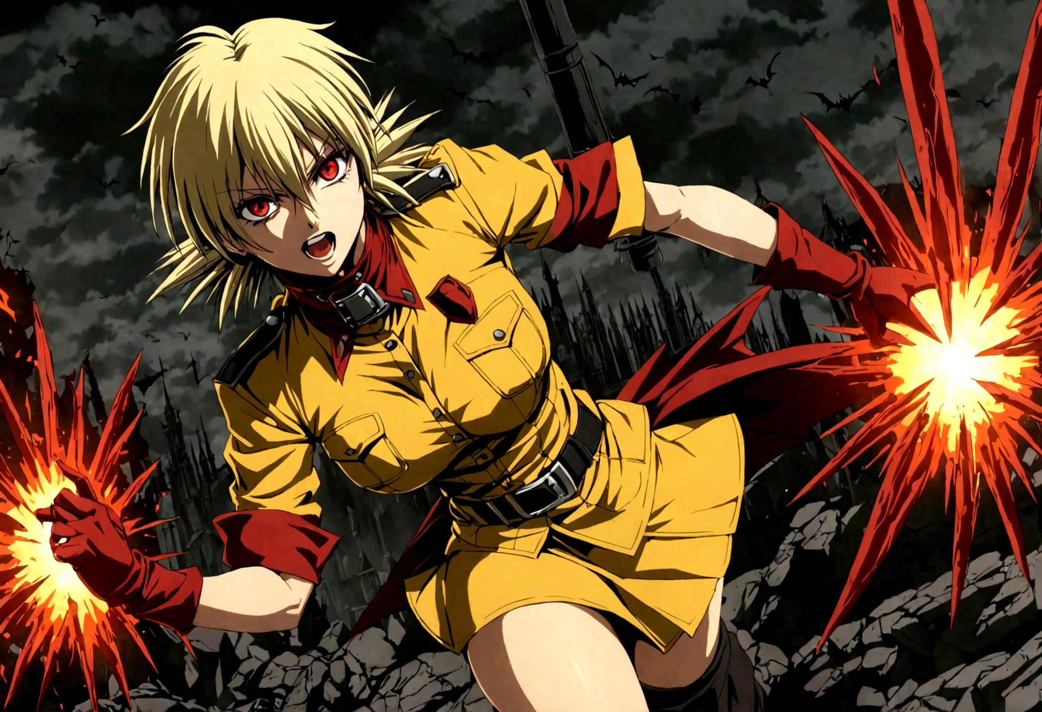 (masterpiece, top quality, best quality, official art, beautiful and aesthetic:1.2), (1girl), extreme detailed,(Victoria Seras, blond short hair, short back twintails, red eyes, Hellsing anime, Vampire, Hellsing uniform, (yellow military uniform), skirt, wide Rolled up sleeves, Chevron, black belt),colorful,highest detailed,((full body)), fighting, brawl pose, have angry and happy face expression, berserk