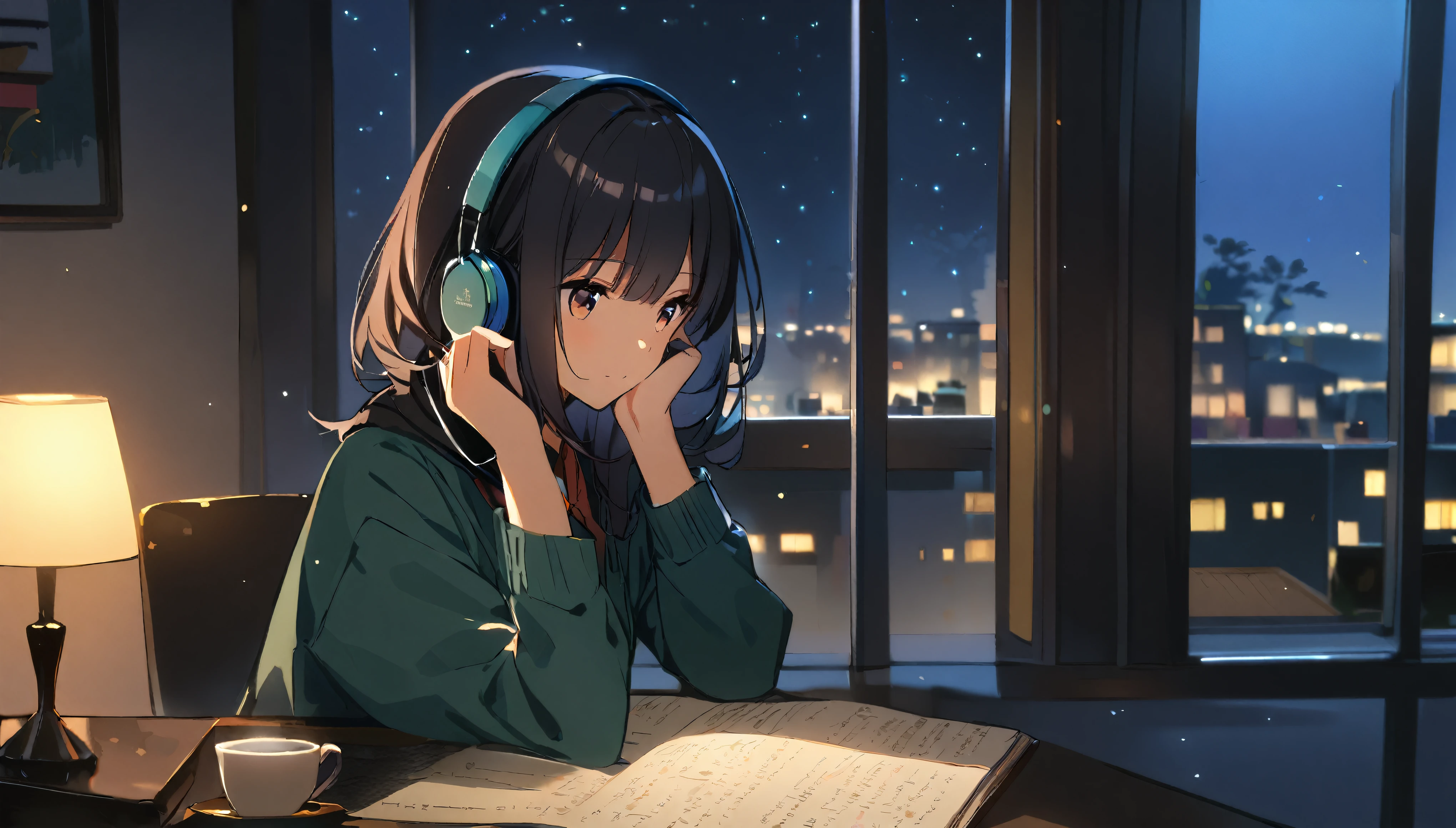 ((1 girl))、Black Hair、((Quiet room at night))、((Night view outside the window))、Calm expression、((study))、coffee、((I have headphones on))、Warm lighting