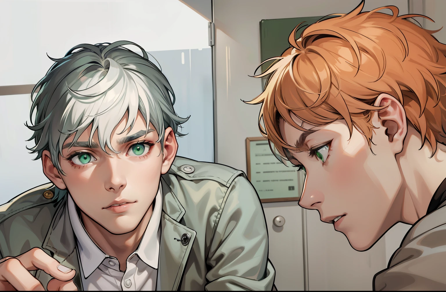 He is looking at his friend sadly with concern, he speaks to him with sadness, green eyes, white hair, .