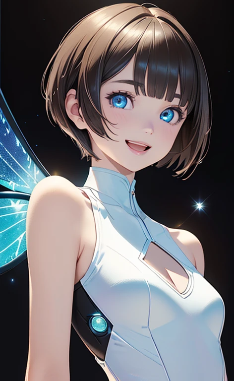 (Photorealistic:1.4)、(,20-year-old:1.5),(masterpiece、Blue lens flare:1.5、spot light:1.2、Exquisite beautiful eye:1.5,portlate),(kind eyes、tareme:1.9),(Black light:1.5)、Cute Face、 3D Face、(light brown hair:1.5)、(pixie cut:1.5),(sidelock :1.5),(blunt bangs:1.3),(1 woman)、(aqua eyes:1.2)、(upper body:1.5)、(Open mouth happy smile:1.5)、(head tilt) ,(Cute face:1.2),(flat chest),(),kind face,(white Bodysuit with (star shape cut out1.5)),(black background:1.5)、()、()、 Neat and clean、Adorable、Demure,Slim Body(),Shiny Hair、()、Nijisketch,Manga,blacklight