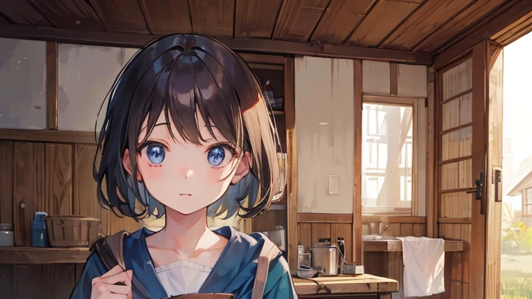 A girl wearing poor clothes,In the simple wooden house, with a surprised expression on his face。