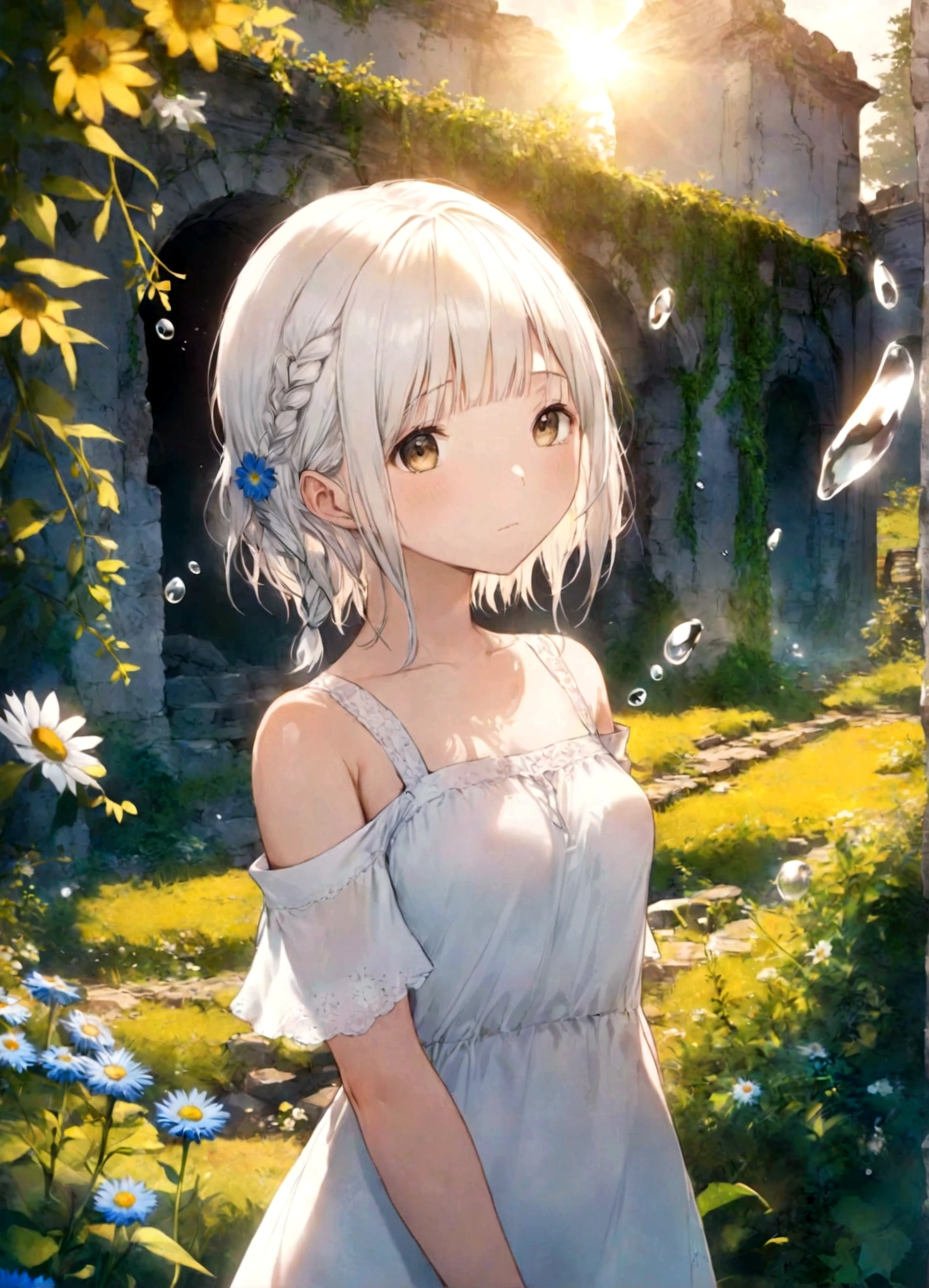 Magazine cover(masterpiece, best quality:1.2),(masterpiece),(best quality),illustration,ultra detailed,hdr,Depth of field,(colorful),loli,yellow theme,the setting sun,Chamomile,Chamomile,cornflower,vines,forest,ruins,lens flare,hdr,Tyndall effect,damp,wet,1girl,bare shoulders,broken glass,broken wall,white hair,white dress,closed mouth,constel lation,flat color,braid,blinking,white robe,float,closed mouth,constel lation,flat color,looking up,standing,medium hair,standing,solo, , , , ,(8K)(HD)