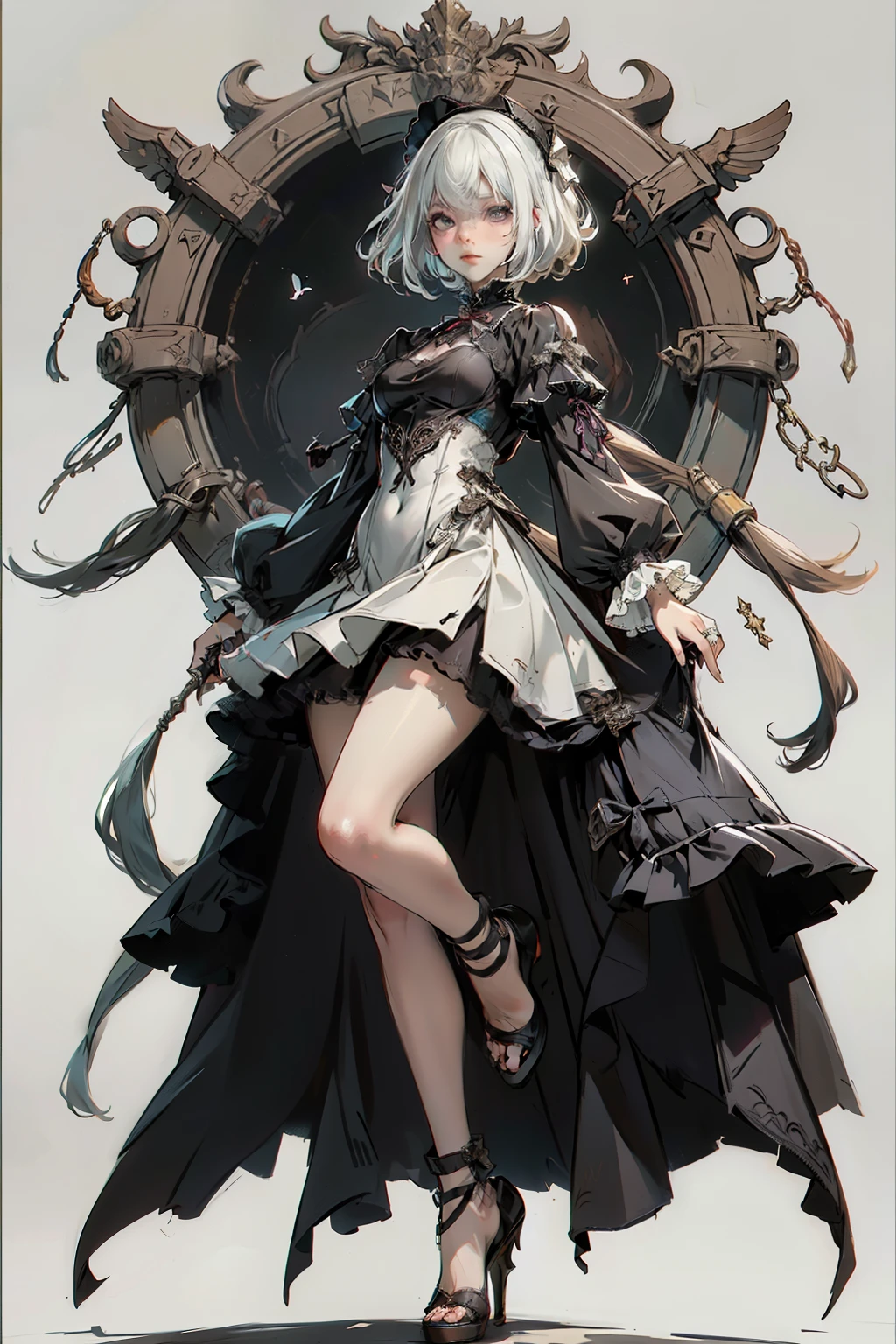 ((best quality)), ((masterpiece)), (detailed), blank white background, plain background, white background, Bloodborne inspired, occult aesthetic, occult, detailed and intricate steampunk and detailed gothic, NSFW, Very dramatic and cinematic lighting, cosmic horror, grim-dark, side-lighting, perfect face, NSFW, Fluttering lace flared long knee length dress with frilly petticoats, knee length dress, pleated petticoats, ta dress, petticoats gothic loliside-lighting, gothic lolita aetic, beautiful small breasts, small breasts, full body, whole body, body, plain background, white background, blank background, no background, white background NSFW, full body, whole body, head-to-toe