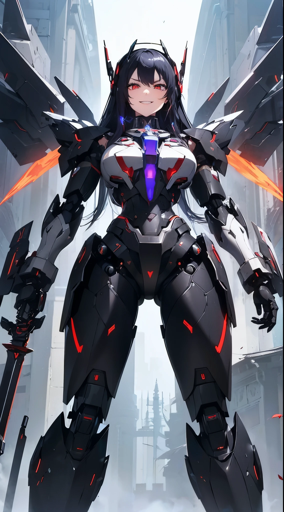 Machine eyes glowing red、evil smile