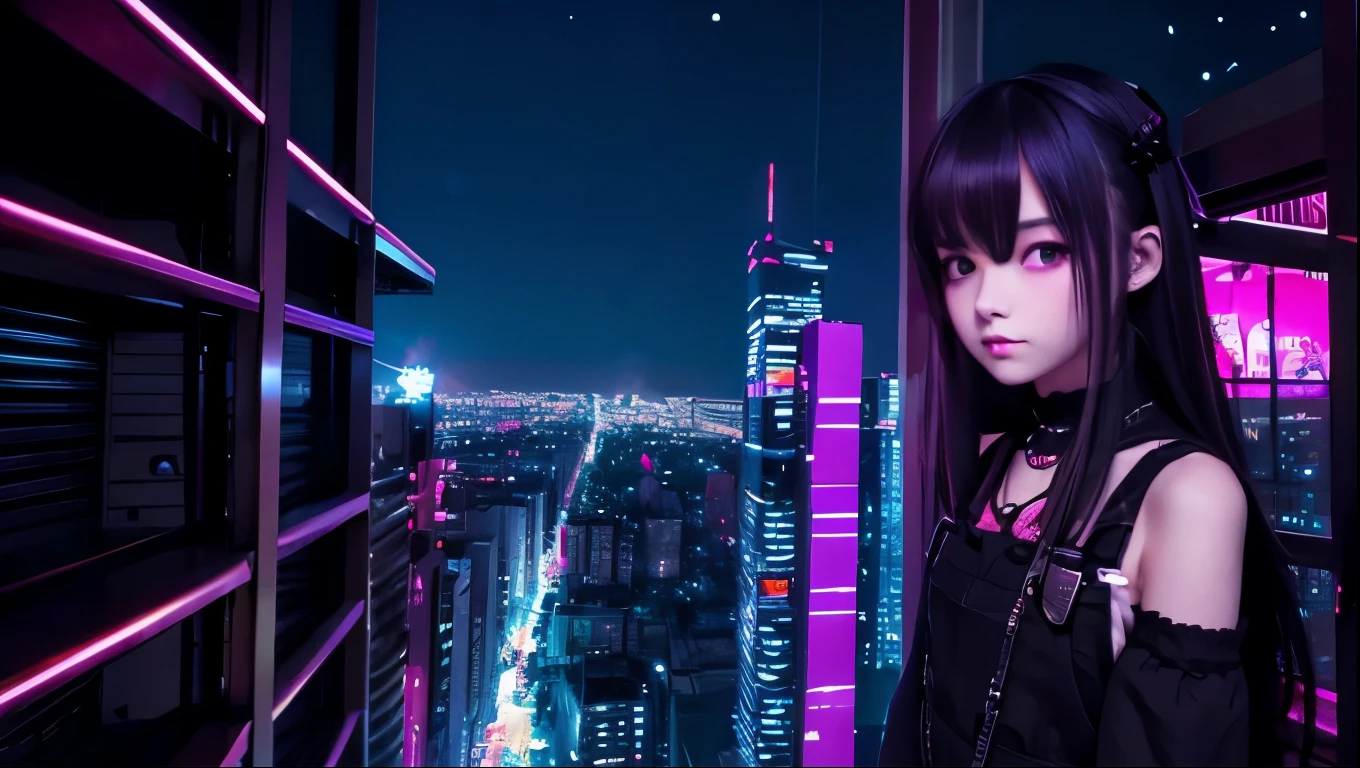 Neon night city、Gothloli girls、Sad look、Anime Style、Overall image