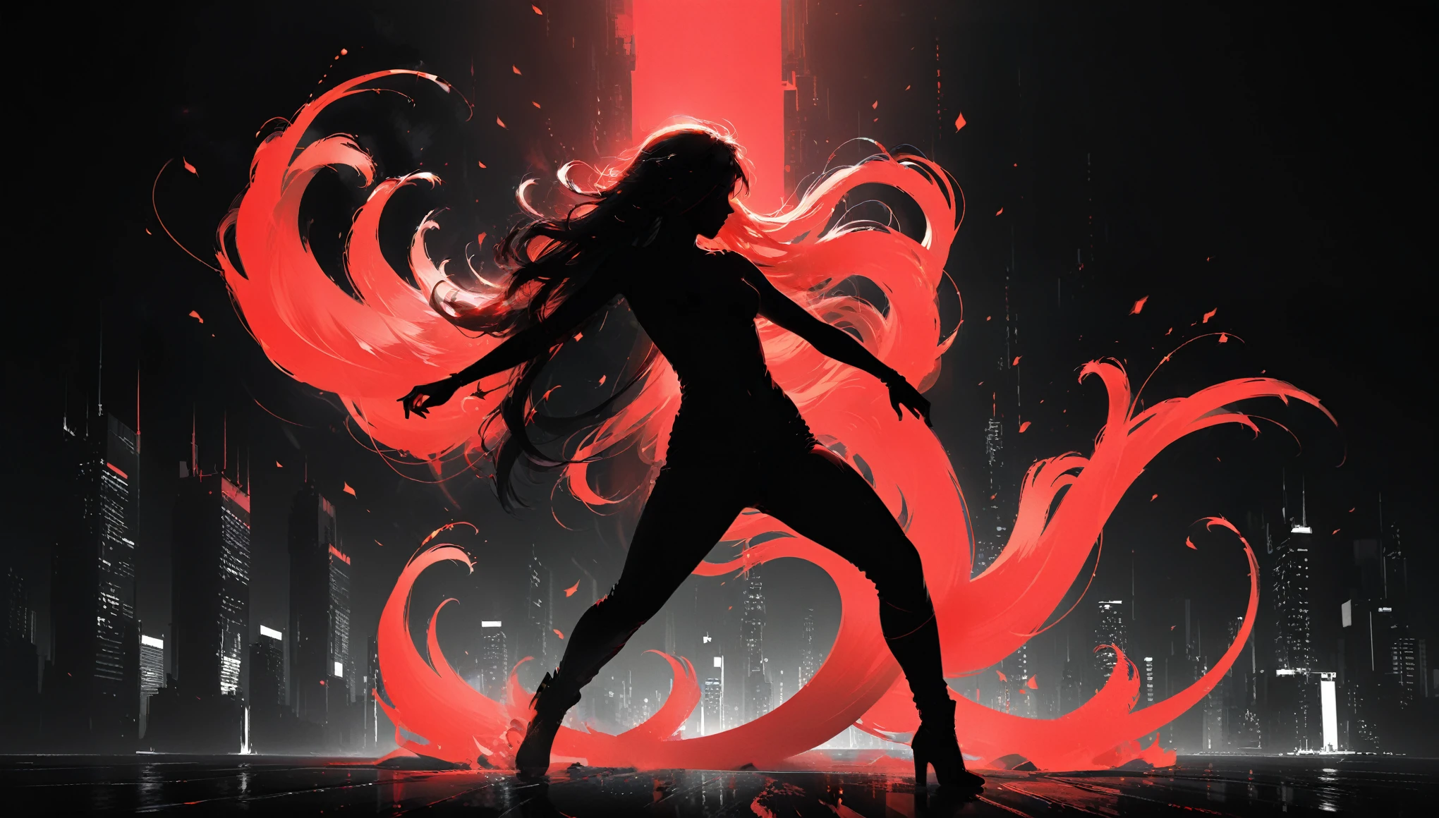 (in style of Ashley Wood:1.3),(in style of Takeshi Obata:0.9), black and white urban skyline background,protruding utility poles,(a red silhouette of a young girl:1.6),minimalist silhouette,red silhouette,black and white background,wide_shot,Silhouette of a girl standing on top of telephone pole,glowing neon color hair,(incredibly long hair fluttering in the wind:1.4)(Minimalist art style:1.4),(Posing dynamic action,Expressive movements:2.0),