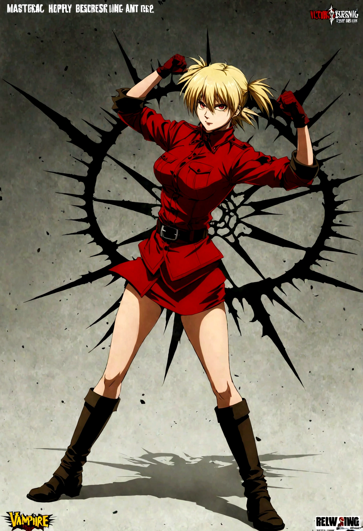 (masterpiece, top quality, best quality, official art, beautiful and aesthetic:1.2), (1girl, solo), extreme detailed,(Victoria Seras, blond short hair, short back twintails, red eyes, Hellsing anime, Vampire, Hellsing uniform, (yellow military uniform), skirt, wide Rolled up sleeves, Chevron, black belt),colorful,highest detailed,((full body)), fighting, brawl pose, have angry and happy face expression, berserk