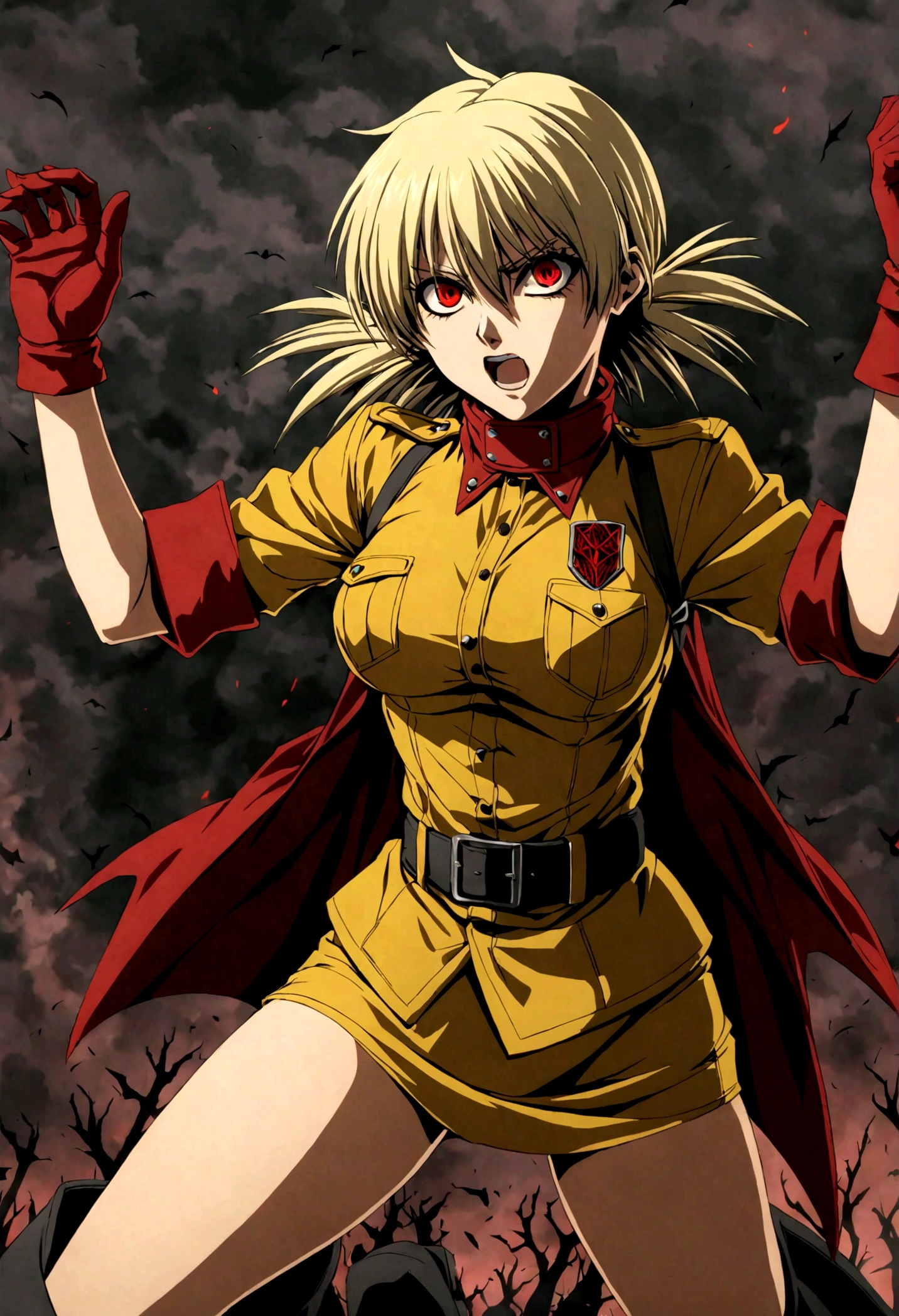 (masterpiece, top quality, best quality, official art, beautiful and aesthetic:1.2), (1girl, solo), extreme detailed,(Victoria Seras, blond short hair, short back twintails, red eyes, Hellsing anime, Vampire, Hellsing uniform, (yellow military uniform), skirt, wide Rolled up sleeves, Chevron, black belt),colorful,highest detailed,((full body)), fighting, brawl pose, have angry and happy face expression, berserk