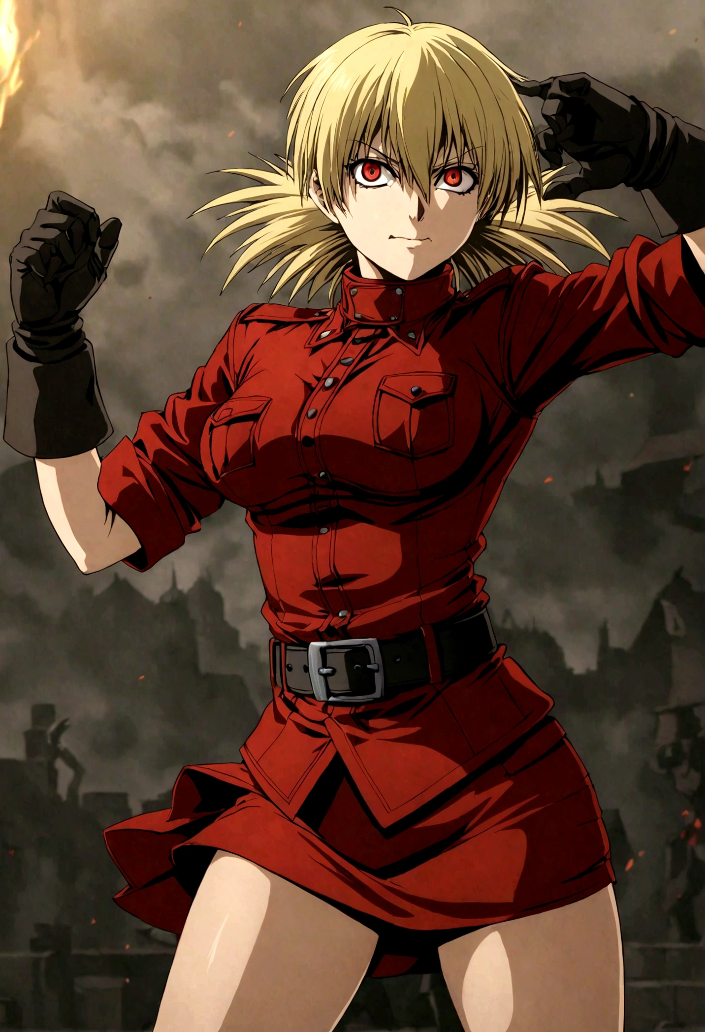 (masterpiece, top quality, best quality, official art, beautiful and aesthetic:1.2), (1girl, solo), extreme detailed,(Victoria Seras, blond short hair, short back twintails, red eyes, Hellsing anime, Vampire, Hellsing uniform, (yellow military uniform), skirt, wide Rolled up sleeves, Chevron, black belt),colorful,highest detailed,((full body)), fighting, brawl pose, have angry and happy face expression, berserk