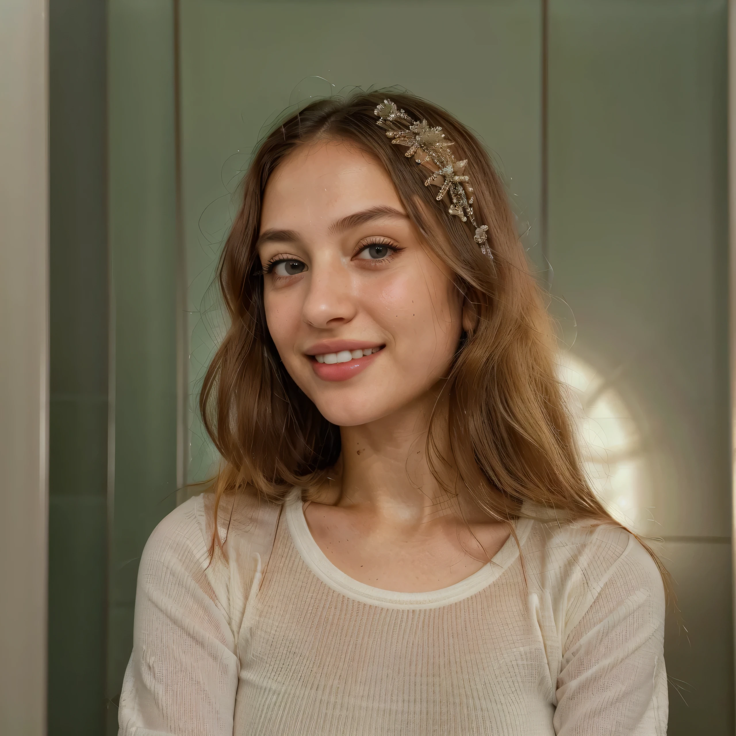 (8k, highest quality, ultra detailed:1.37, mid-range image),1girl, white teethes, small nose, big eyes, 18yo, modest clothes, in a dentist clinic, setting on the dentist chair, light green eyes, small head, acne,bad skin,small nose, acne skin, real, thick hair, super realistic detailed eyes, super realistic detailed teethes, a stylish Palestinian women, modest, wearing a long plain black t-shirt, attractive smile, white teeth, showcases her unique fashion sense in a trendy setting. The high-resolution image captures ultra-detailed realism, highlighting confident pose, captivating eyes, big eyes, and flawless complexion.