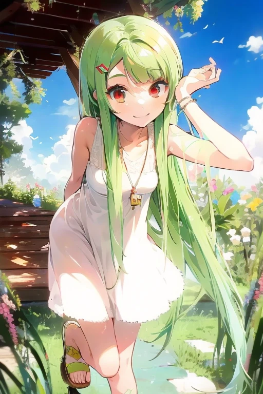 masterpiece, (key anime visual), (((HDR))), ((best quality)), (ultra high quality), (hi-res), ((1 anime girl)) (((red eyes and white skin))), beautiful eyes, ((teen)), (((light green hair))), (bangs left-part), (left part bangs), bangs side, ((side locks)) (long side bangs), (((long straight hair that goes to her knees))), straight hair, wearing a plain white sleeveless mini dress, wearing tan sandals with no socks, (((small breast))), (happy expression), cute, facing camera, in a garden, necklace short silver heart-shaped on silver chain