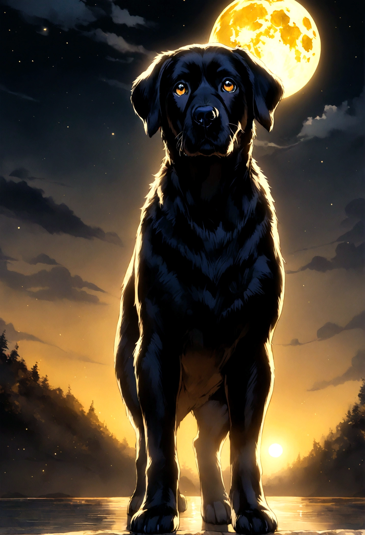 Create an image of an adorable full-grown black Labrador Retriever standing under a bright yellow full moon. The scene should evoke a sense of calm and beauty, highlighting the dog's features and the moon's glow.
