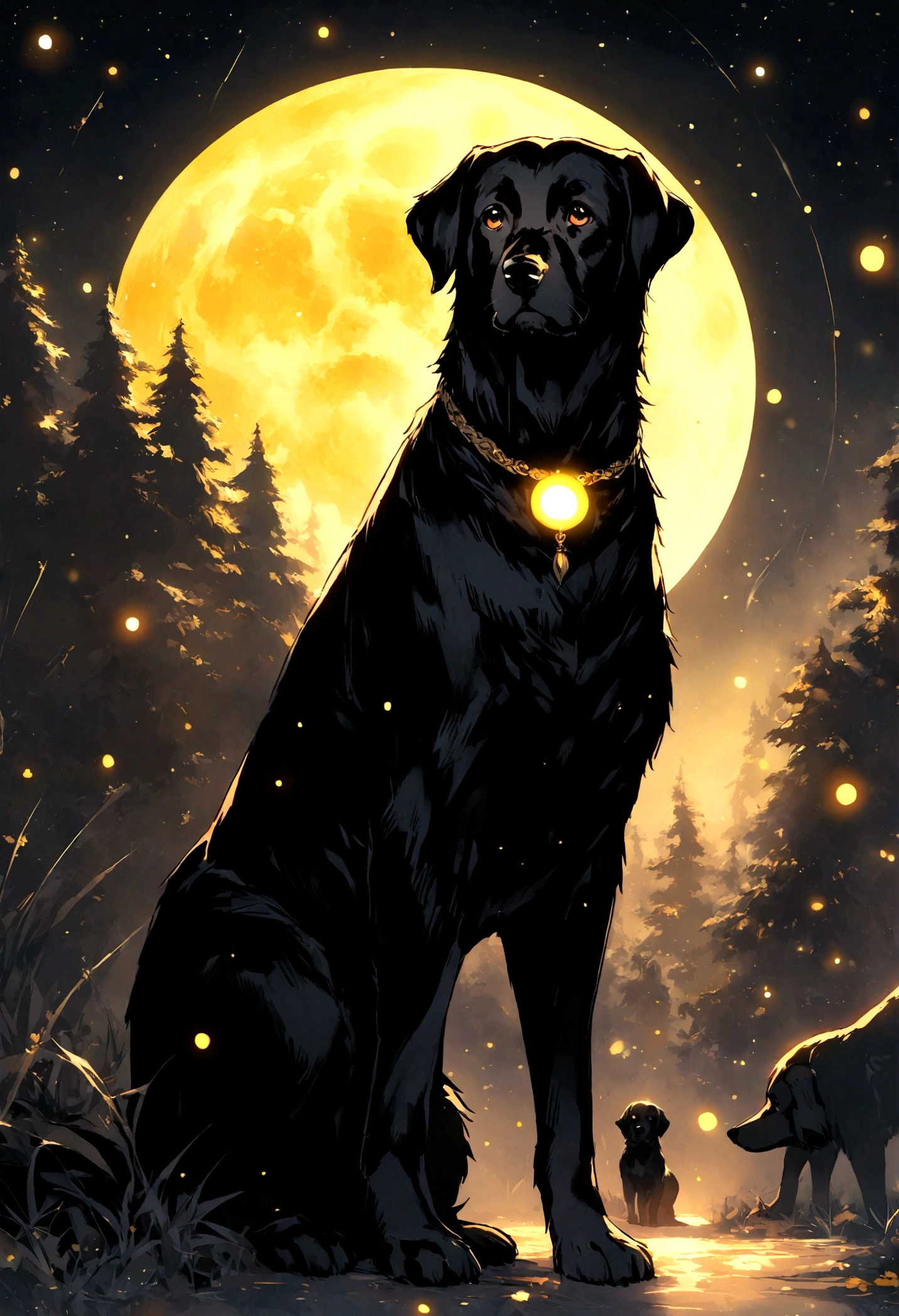 Create an image of an adorable full-grown black Labrador Retriever standing under a bright yellow full moon. The scene should evoke a sense of calm and beauty, highlighting the dog's features and the moon's glow.