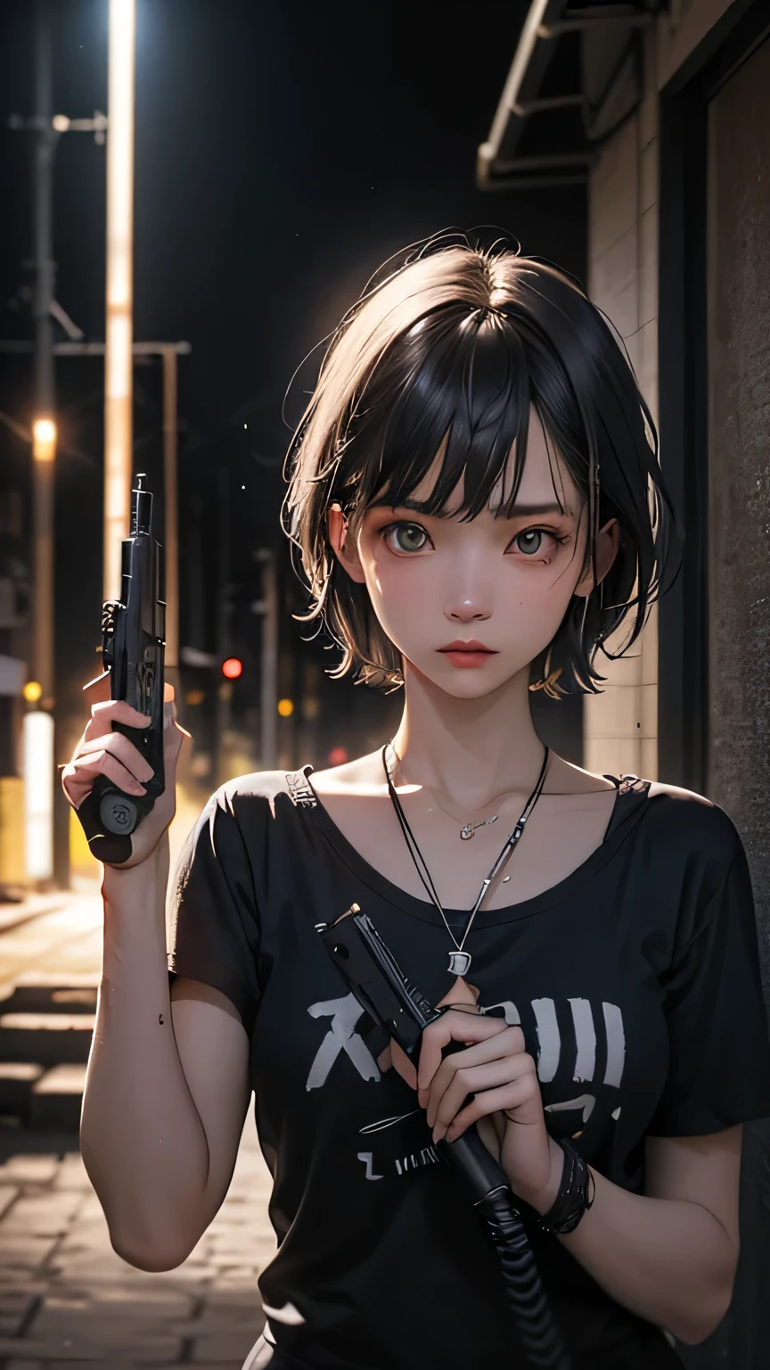 photograph, (Realistic: 1.4), (Surreal: 1.4), (Cinematic: 1.5), 20-year-old women, Japan, Woman with a gun, (Desert Eagle), Nikita, night, Cyan Light, tension, short hair, Holding a gun in both hands, underground, Black T-shirt, Electrical cord on the wall, water pipe