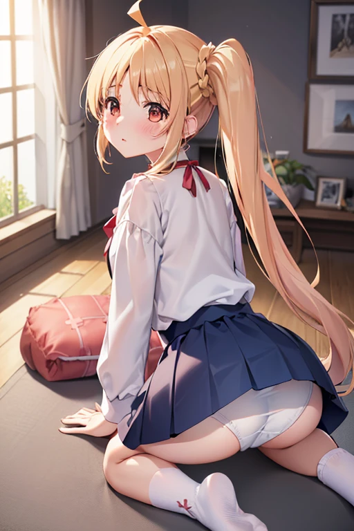 (Tabletop), highest quality, High resolution, 4K, One Girl, alone, blush、Nice hands, 1 in, Side Ponytail, Long Hair, Ahoge, White shirt, , Blue Skirt, Long sleeve, Red Bow, White socks, Skirt lifted、Panty shot、Cute white panties、sofa、(((On all fours、Backwards、look back)))