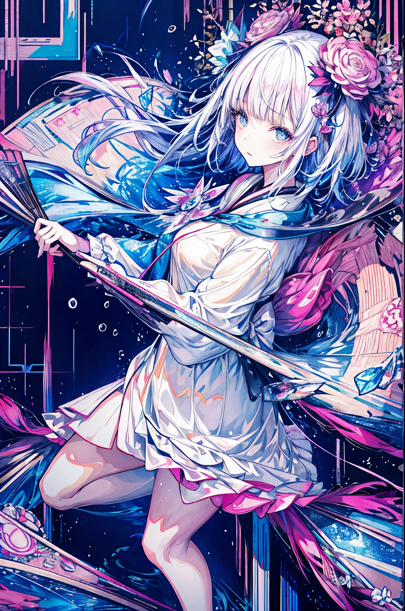 Japan anime illustration style、Beautiful expression of rain、The girl is dancing wearing a raincoat、Glittering water droplets、Geometric、The ground is reflecting、Like glasswork、Star drops and swirls of light sparkle.、(Very complex)、High brightness、Low contrast、Niji Journey Style、