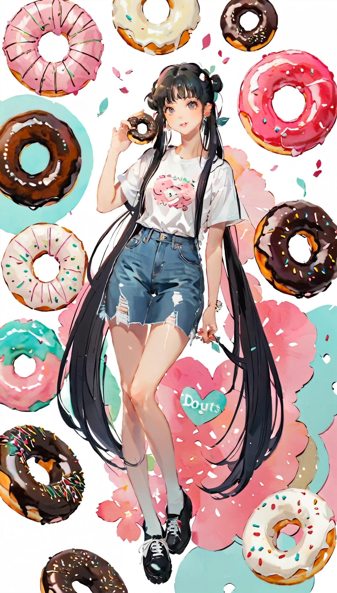 (((paper cutting style))), 1 girl, long black hair, straight hair, twin tails, doughnuts, shirts, denim
