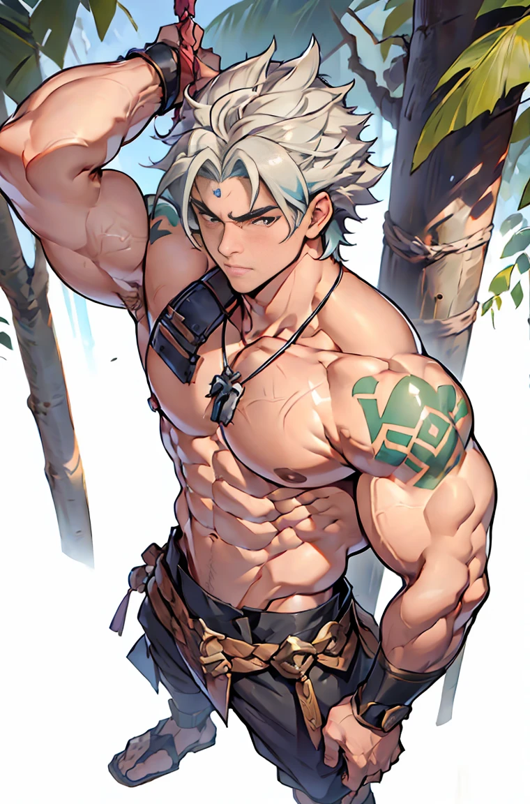 show off thick arms to the audience,Upper half of the body,look down from above ,closeup of arms,Shoulders exposed,Stout arms,Shirtless,The upper body is not worn,Grey Striped Shorts,A mais alta qualidade de imagem,Pessoas do sexo masculino,Child,1 ,jovem e bonito,Shoun,cabelos brancos,Cabelo liso curto,Pele escura,Anime peito grande,anime wallpaper,sozinho,Foco Masculino,cuecas,Dilation of the pectoral muscles,capa vermelhirilha saliente,Fundo Urbano,Espalhe as pernas,sexy,(master part, best quality),meias brancas longaotas Red Martin,Hands hanging naturally,