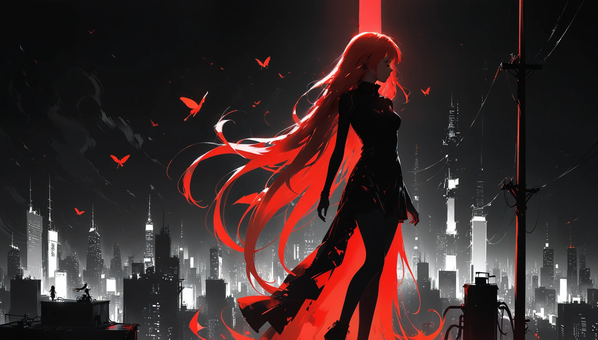(in style of Ashley Wood:1.3),(in style of Takeshi Obata:0.9), black and white urban skyline background,protruding utility poles,(a red silhouette of a young girl:1.6),minimalist silhouette,red silhouette,black and white background,wide_shot,Silhouette of a girl standing on top of telephone pole,glowing neon color hair,(incredibly long hair fluttering in the wind:1.4)(Minimalist art style:1.4),(posing:2.0),Dynamic Action,Expressive movements