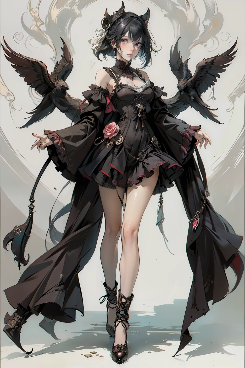 ((best quality)), ((masterpiece)), (detailed), blank white background, plain background, white background, Bloodborne inspired, occult aesthetic, occult, detailed and intricate steampunk and detailed gothic, NSFW, Very dramatic and cinematic lighting, cosmic horror, grim-dark, side-lighting, perfect face, NSFW, Fluttering lace flared long knee length dress with frilly petticoats, knee length dress, pleated petticoats, lolita dress, petticoats gothic lolita, side-lighting, gothic lolita aesthetic, beautiful small breasts, small breasts, full body, whole body, body, plain background, white background, blank background, no background, white background NSFW, full body, whole body, head-to-toe