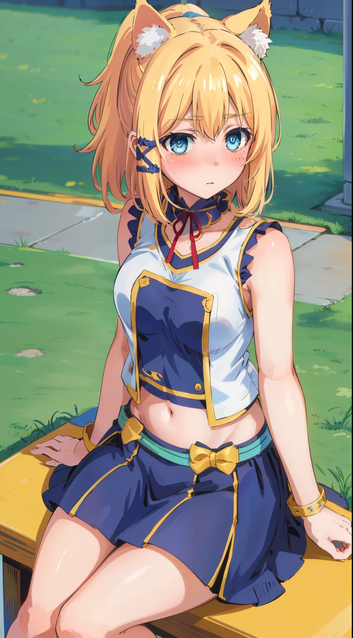 best quality, (masterpiece:1.2), detailed, medieval,
Rumia Tingel,
1girl, solo, ((blush)),
medium hair, blonde hair, short ponytail, blue eyes, green bow, x hair ornament,
((( blue eyes, ultra-detailed eyes))),
Dynamic pose, ((blush)), medium breasts,  medium hair,  background, perfect anatomy, healthy skin,  glowing eyes, cat ears. sitting .(( Sleeveless)), ((navel, healthy skin)), (((elegant t-shirt, navel)))