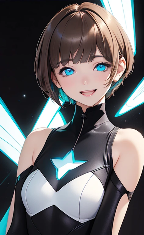 (Photorealistic:1.4)、(,20-year-old:1.5),(masterpiece、Blue lens flare:1.5、spot light:1.2、Exquisite beautiful eye:1.5,portlate),(kind eyes、tareme:1.9),(Black light:1.5)、Cute Face、 3D Face、(light brown hair:1.5)、(pixie cut:1.5),(sidelock :1.5),(blunt bangs:1.3),(1 woman)、(aqua eyes:1.2)、(upper body:1.5)、(Open mouth happy smile:1.5)、(half closed eyes:1.3),(head tilt) ,(Cute face:1.2),(flat chest),(),kind face,(white Bodysuit with (star shape cut out1.5)),(black background:1.5)、()、()、 Neat and clean、Adorable、Demure,Slim Body(),Shiny Hair、()、Nijisketch,Manga,blacklight