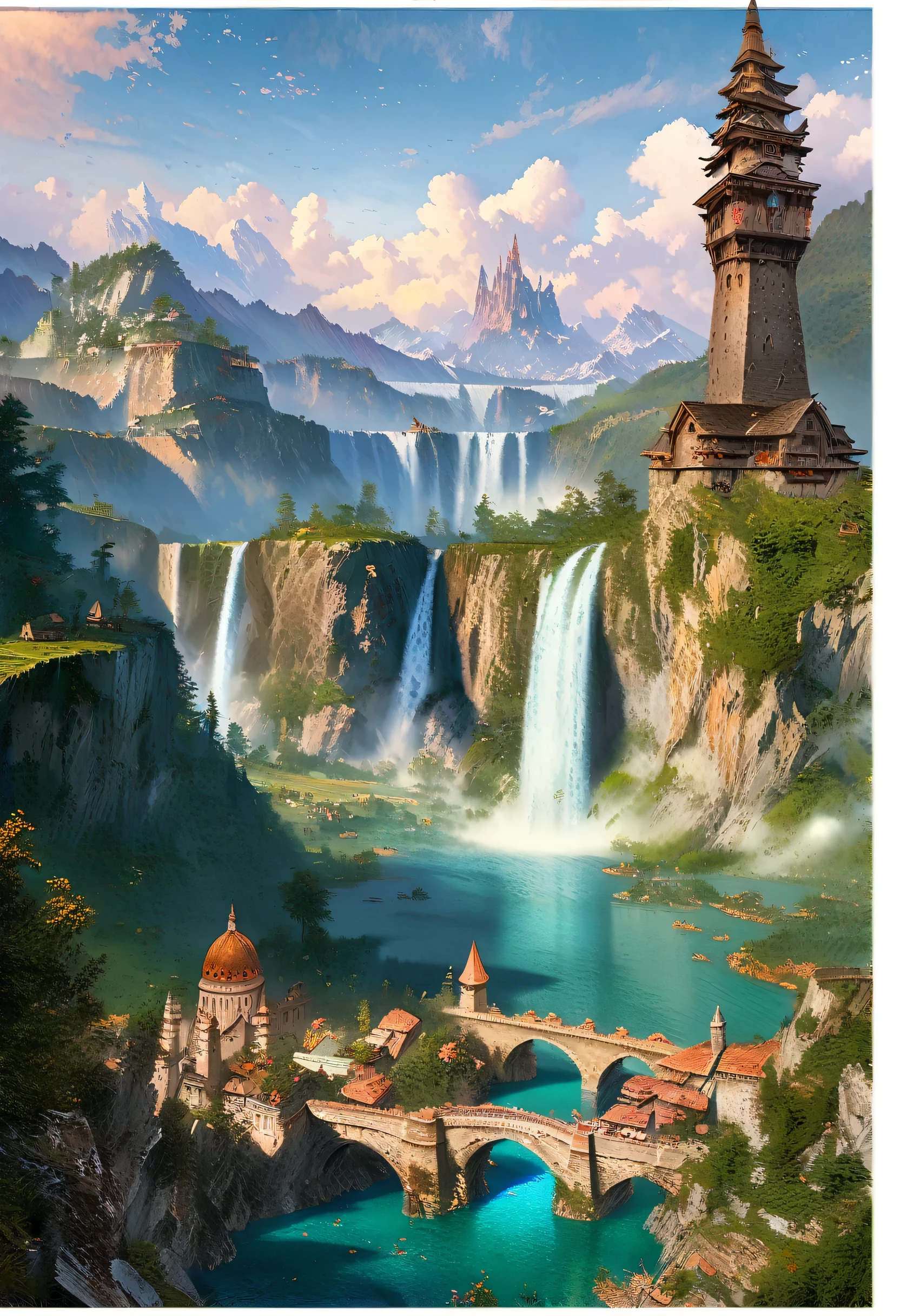 An alfa view of the falls with the tower and waterfall in the background, fantasy matte painting,cute, Landscape painting, Game Art Matte Painting, Illustration Matte Painting, Dota! Matte painting concept art, Dota Matte painting concept art, 2. 5d cgi anime fantasy artwork, Dreamy Matte Paintings, fantasy matte painting, Avatar Landscape, Game Map Matte Painting