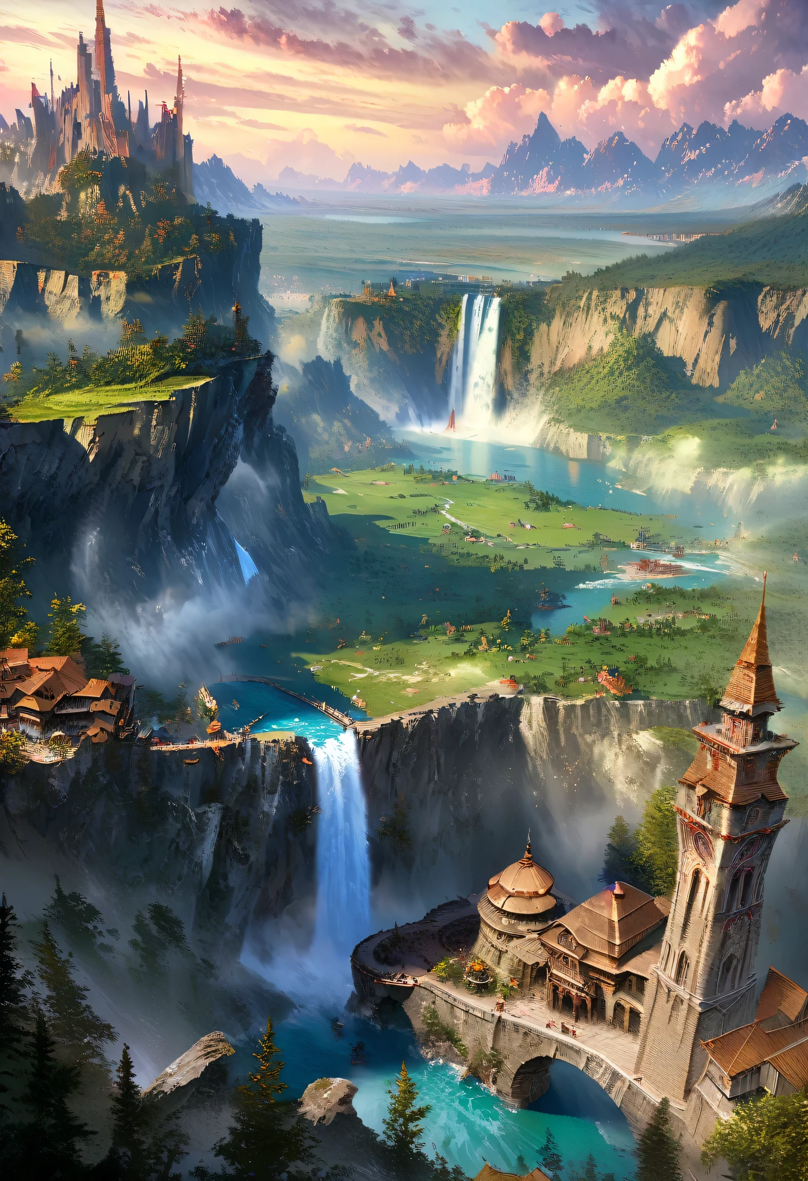An alfa view of the falls with the tower and waterfall in the background, fantasy matte painting，cute, Landscape painting, Game Art Matte Painting, Illustration Matte Painting, Dota! Matte painting concept art, Dota Matte painting concept art, 2. 5d cgi anime fantasy artwork, Dreamy Matte Paintings, fantasy matte painting, Avatar Landscape, Game Map Matte Painting