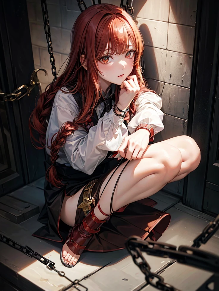 Masterpiece, best quality, (very detailed CG unified 8k wallpaper) (best quality), (best illustration), (best shade) 1girl, anime woman, sitting on a chain with her legs crossed, the anime woman is crouching, shackled in the void, in a prison cell, seductive anime girl, chainsaw man, makima, brown clothes, restrained, long light red/pale auburn hair, kept in a loose braid with bangs reaching just past her eyebrows and two longer side bangs that frame her face. Her eyes are yellow with multiple red rings within them