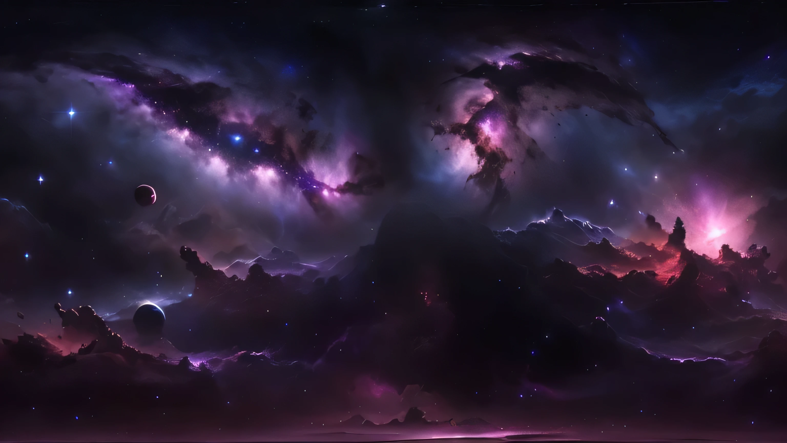 purple and black space with stars and planets, night sky; 8K, nebulae. volumetric lighting, the nebula is very detailed, nebula sky, Highly detailed 4k digital art, space clouds, starry sky 8K, dramatic nebula sky, dramatic space sky, Vast Nebula, in the universe.very realistic, Epic Wide Skies and Horzon, nebulae clouds