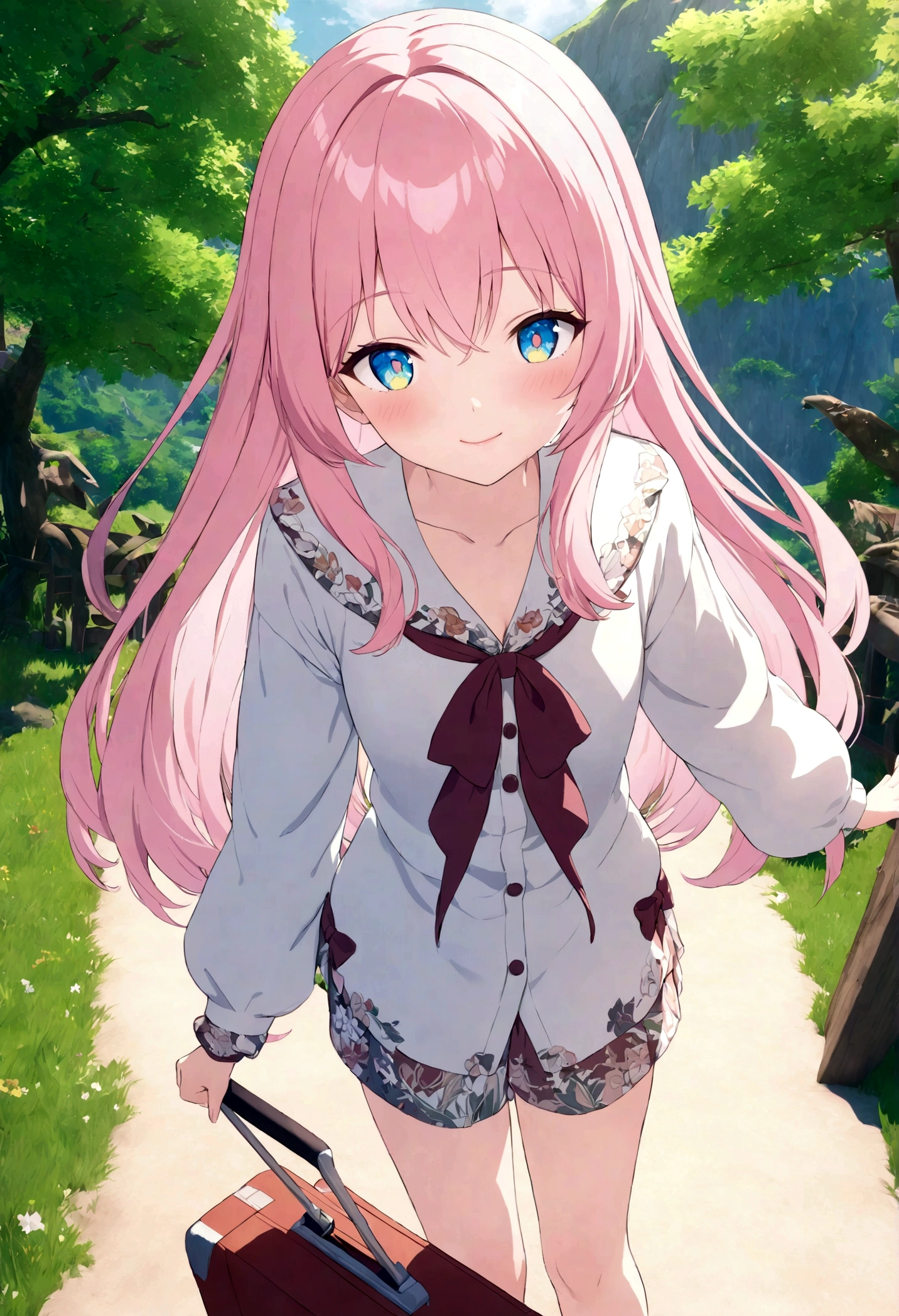 Stable Diffusion prompt: anime female girl traveler,illustration or 3D rendering,adventurous spirit,cute detailed eyes and face,vibrant colors,soft lighting,best quality,HD,content smile,journey,suitcase,pink hair,bow,exploring,beautiful detailed lips,stylish clothes,wandering in a scenic landscape,fantasy elements,,expressive pose,close up picture of the face, focus on face, sunset palette,peaceful atmosphere,natural beauty,mystical charm,sparkling eyes,travel diary,open road,positive energy,curious gaze,lively personality,excitement,inspiring textures,sunlit path,magical moments,blissful enjoyment,dreamlike aura. (Please do not include the "Stable Diffusion prompt:" part when using the prompt)