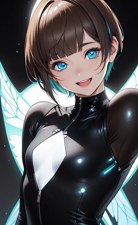 (Photorealistic:1.4)、(,20-year-old:1.5),(masterpiece、Blue lens flare:1.5、spot light:1.2、Exquisite beautiful eye:1.5,portlate),(kind eyes、tareme:1.9),(Black light:1.5)、Cute Face、 3D Face、(light brown hair:1.5)、(pixie cut:1.5),(sidelock :1.5),(blunt bangs:1.3),(1 woman)、(aqua eyes:1.2)、(upper body:1.5)、(Open mouth happy smile:1.5)、(half closed eyes:1.3),(head tilt) ,(Cute face:1.2),(flat chest),(),kind face,(white Bodysuit with (star shape cut out1.5)),(black background:1.5)、()、()、 Neat and clean、Adorable、Demure,Slim Body(),Shiny Hair、()、Nijisketch,Manga,blacklight