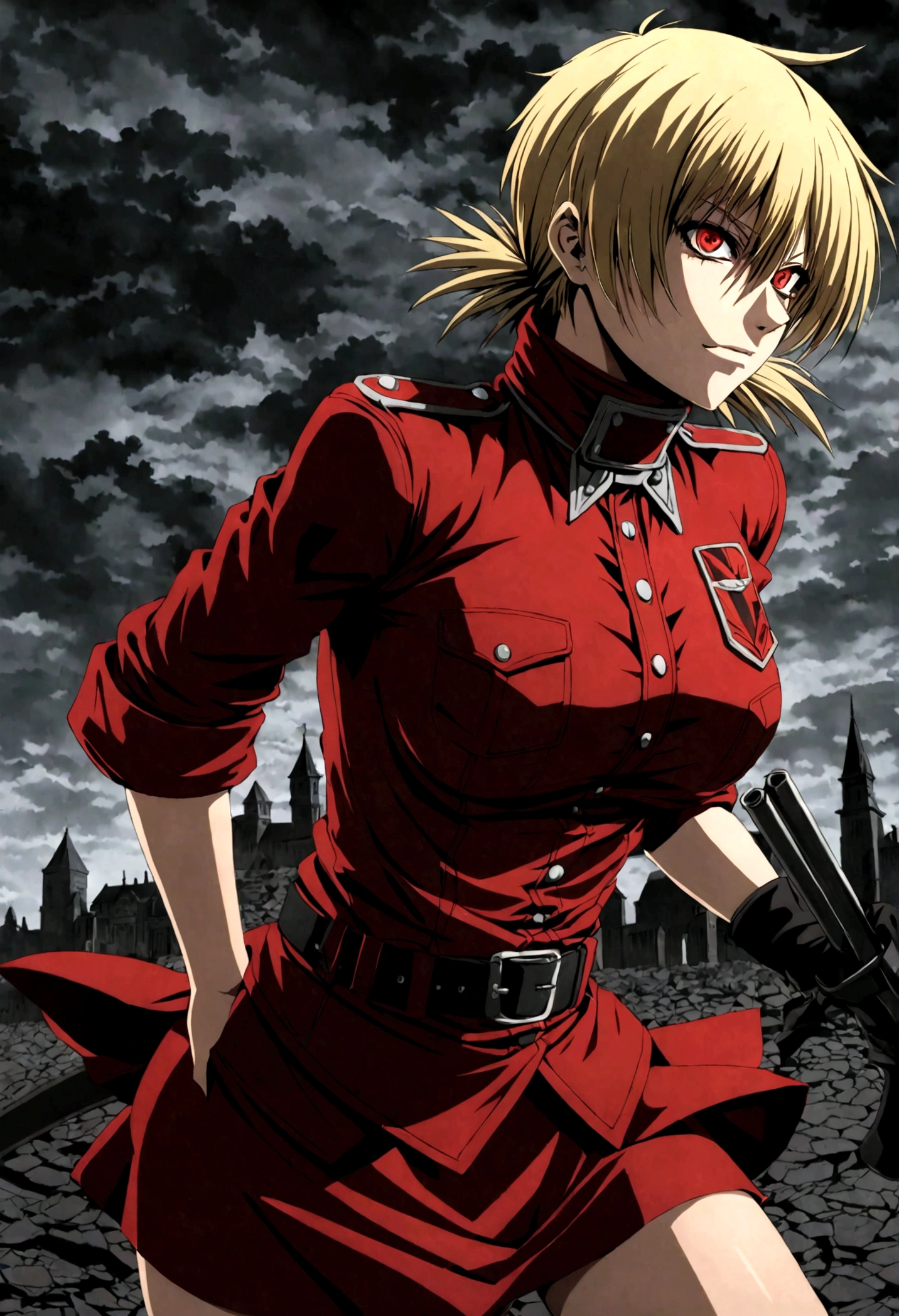 (masterpiece, top quality, best quality, official art, beautiful and aesthetic:1.2), (1girl, solo), extreme detailed,(Victoria Seras, blond short hair, short back twintails, red eyes, Hellsing anime, Vampire, Hellsing uniform, (military uniform), skirt, wide Rolled up sleeves, Chevron, black belt),colorful,highest detailed,((full body)), fighting, brawl pose, have angry and happy face expression, berserk