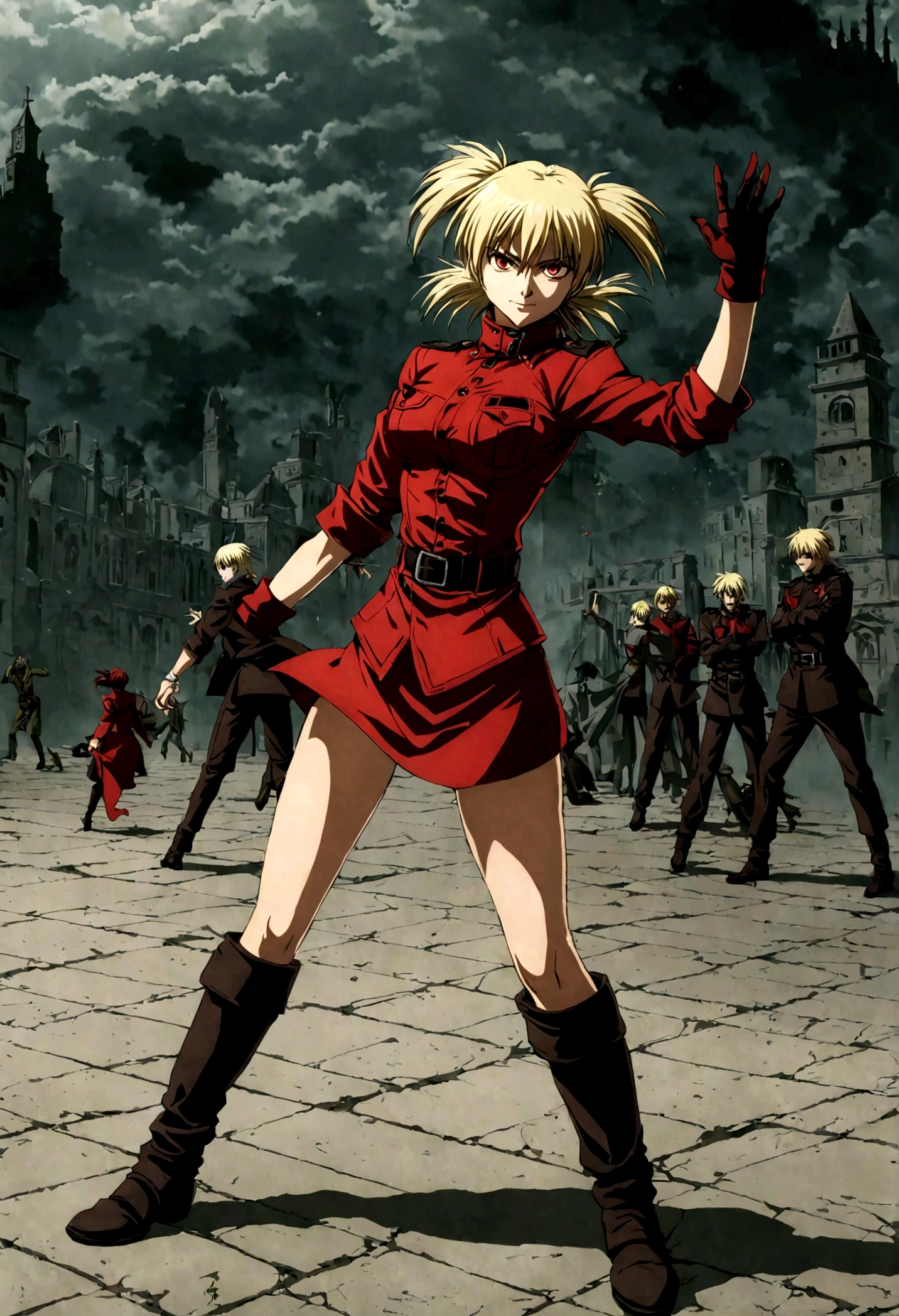 (masterpiece, top quality, best quality, official art, beautiful and aesthetic:1.2), (1girl, solo), extreme detailed,(Victoria Seras, blond short hair, short back twintails, red eyes, Hellsing anime, Vampire, Hellsing uniform, (military uniform), skirt, wide Rolled up sleeves, Chevron, black belt),colorful,highest detailed,((full body)), fighting, brawl pose, have angry and happy face expression, berserk