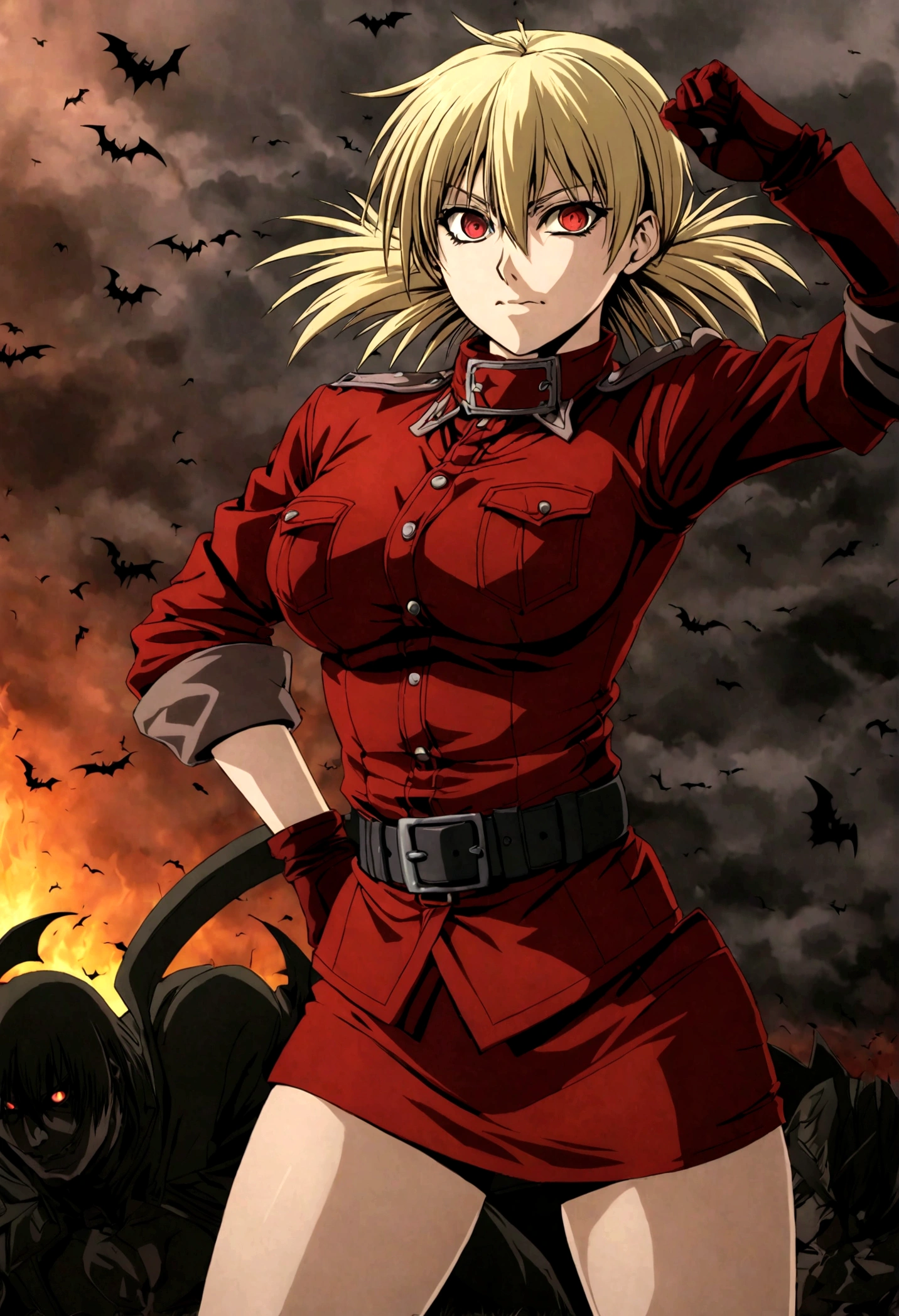 (masterpiece, top quality, best quality, official art, beautiful and aesthetic:1.2), (1girl, solo), extreme detailed,(Victoria Seras, blond short hair, short back twintails, red eyes, Hellsing anime, Vampire, Hellsing uniform, (military uniform), skirt, wide Rolled up sleeves, Chevron, black belt),colorful,highest detailed,((full body)), fighting, brawl pose, have angry and happy face expression, berserk