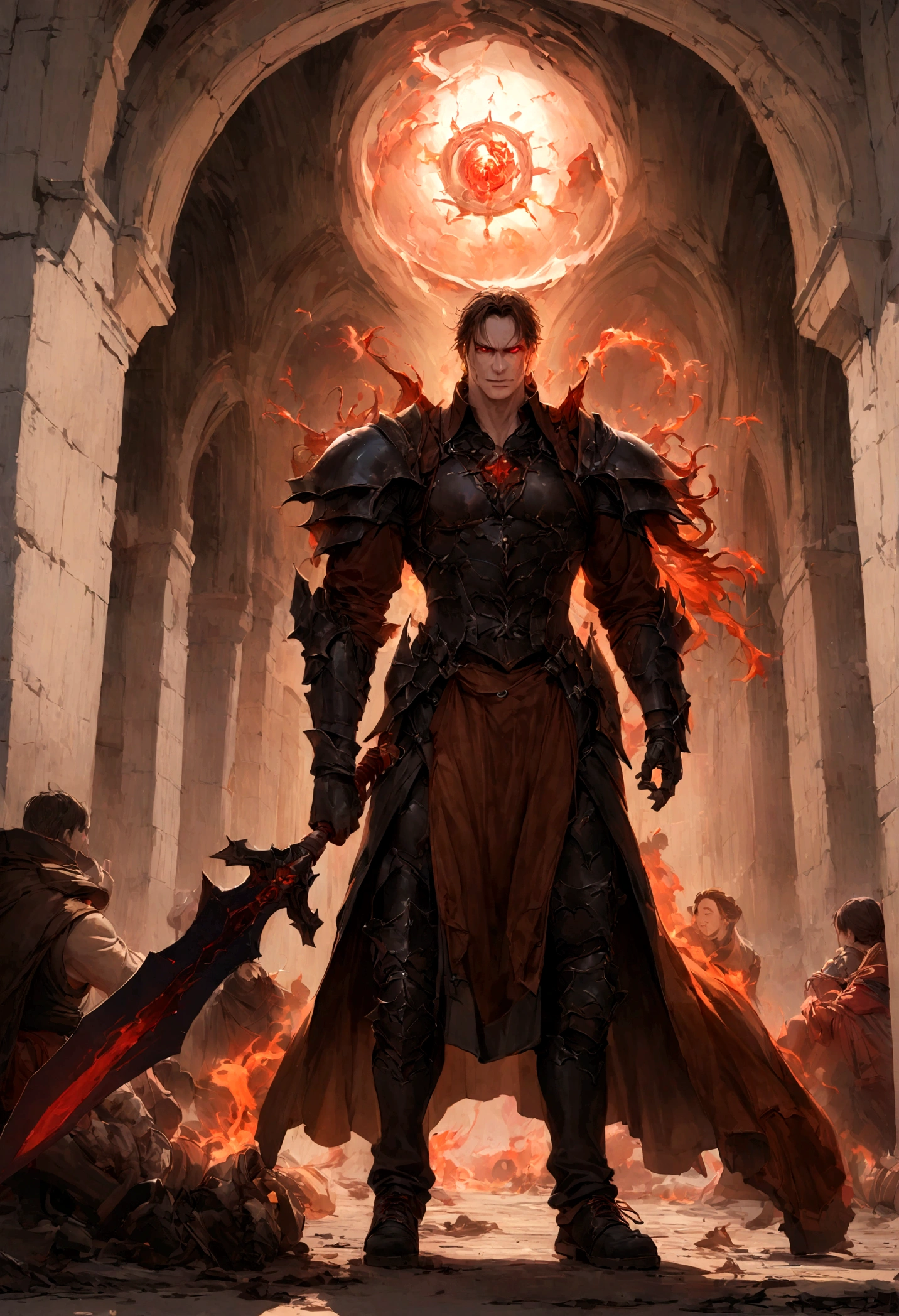 The scene is,Chinese ink style,Smudge, 1 male ,brown Hair, Red glowing eyes, Evil smile, Wielding a sword,Dark,Flowing and chic,Ancient armor,Combat boots,(Full body like:1.5),Chang'an Avenue,ventania,8K,((super-fine)),Hyper-realistic,(((OC renderer)))