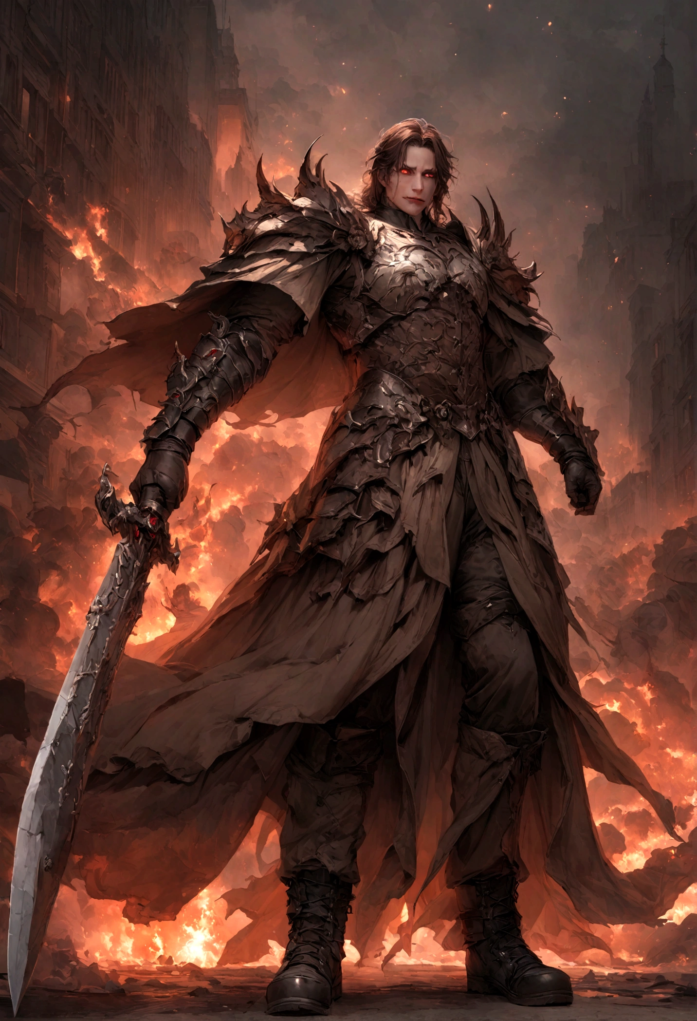 The scene is，Chinese ink style，Smudge, 1 male ，brown Hair, Red glowing eyes, Evil smile, Wielding a sword，Dark，Flowing and chic，Ancient armor，Combat boots，（Full body like：1.5），Chang'an Avenue，ventania，8K，（（super-fine）），Hyper-realistic，（（（OC renderer）））