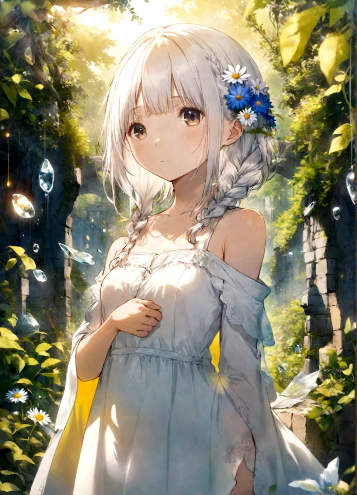 Magazine cover(masterpiece, best quality:1.2),(masterpiece),(best quality),illustration,ultra detailed,hdr,Depth of field,(colorful),,yellow theme,the setting sun,Chamomile,Chamomile,cornflower,vines,forest,ruins,lens flare,hdr,Tyndall effect,damp,wet,1girl,bare shoulders,broken glass,broken wall,white hair,white dress,closed mouth,constel lation,flat color,braid,blinking,white robe,float,closed mouth,constel lation,flat color,looking up,standing,medium hair,standing,solo, , , , ,(8K)(HD)