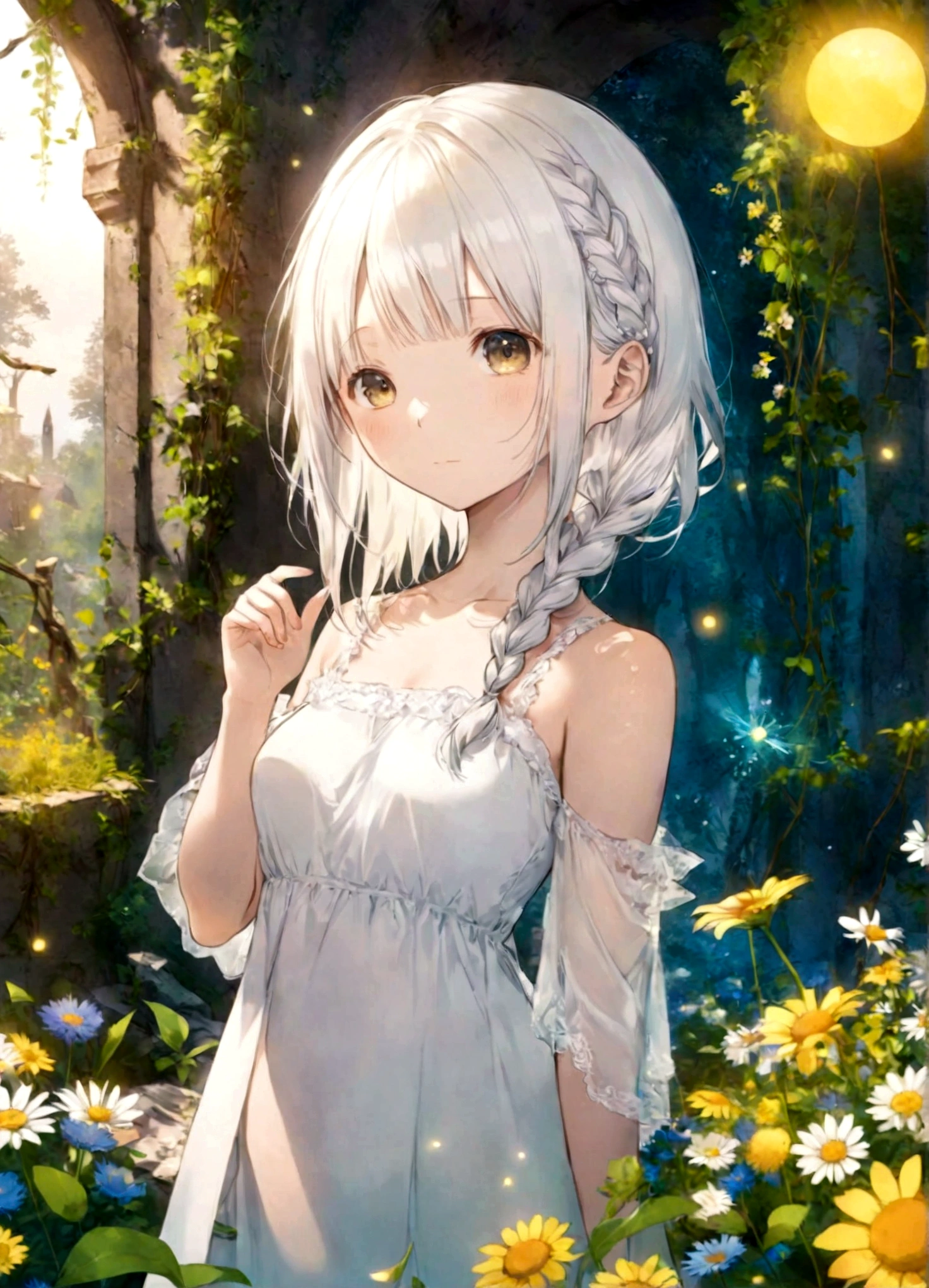 Magazine cover(masterpiece, best quality:1.2),(masterpiece),(best quality),illustration,ultra detailed,hdr,Depth of field,(colorful),loli,yellow theme,the setting sun,Chamomile,Chamomile,cornflower,vines,forest,ruins,lens flare,hdr,Tyndall effect,damp,wet,1girl,bare shoulders,broken glass,broken wall,white hair,white dress,closed mouth,constel lation,flat color,braid,blinking,white robe,float,closed mouth,constel lation,flat color,looking up,standing,medium hair,standing,solo, , , , ,（8K）（HD）