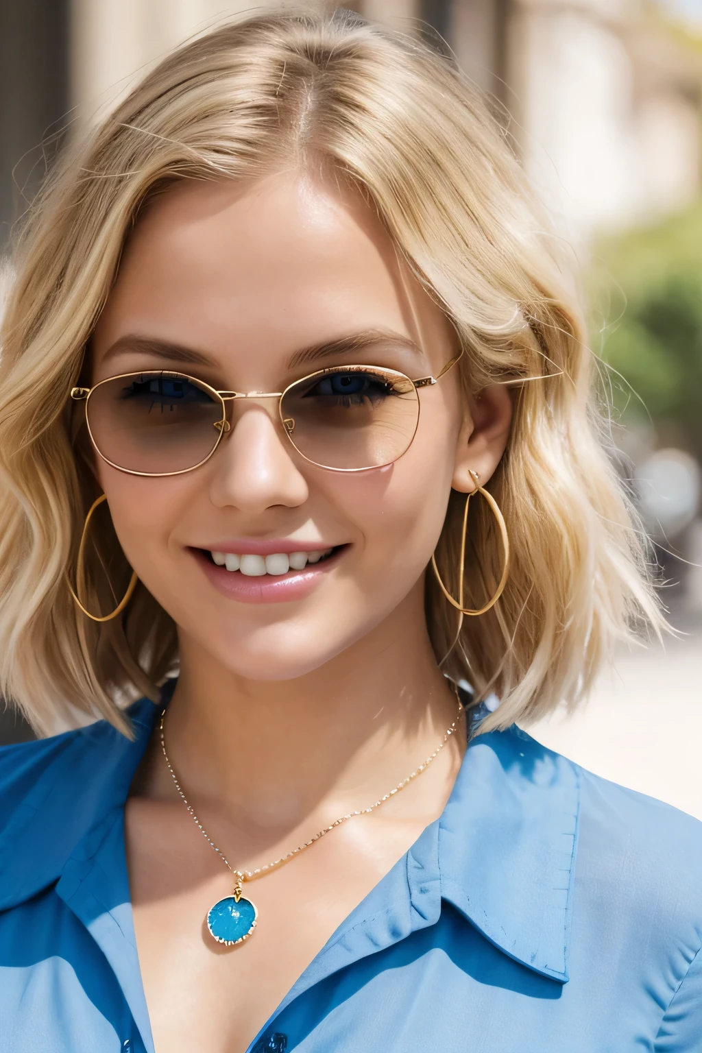 20A beautiful young woman、 White woman、Blonde Hair、Wavy Hair、Short Haircut、blue eyes、Ear piercing、Necklace around the neck、blouse、smile, Beautiful teeth alignment、Intricate details, Very detailed:1.2), 、 Looking at the camera,The background is the town、Misaligned sunglasses