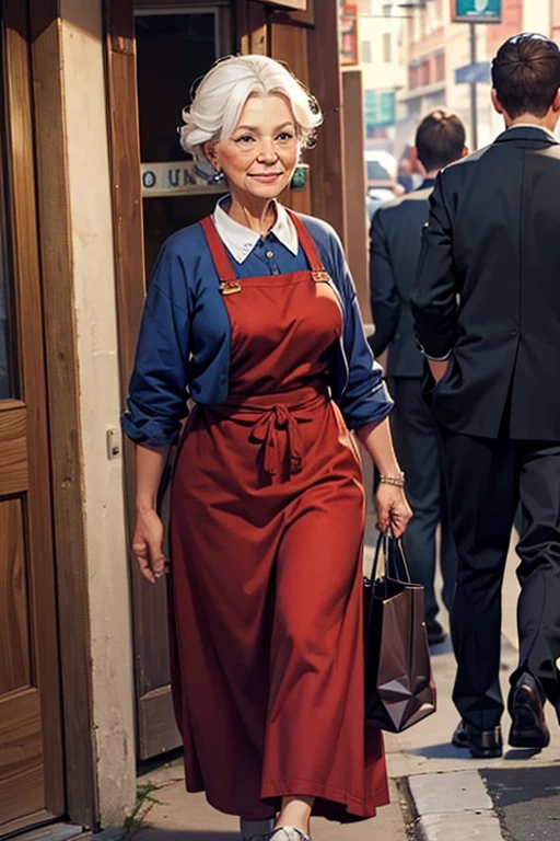 Photo of an old woman entering a restaurant, a beautiful and charming woman in old clothes