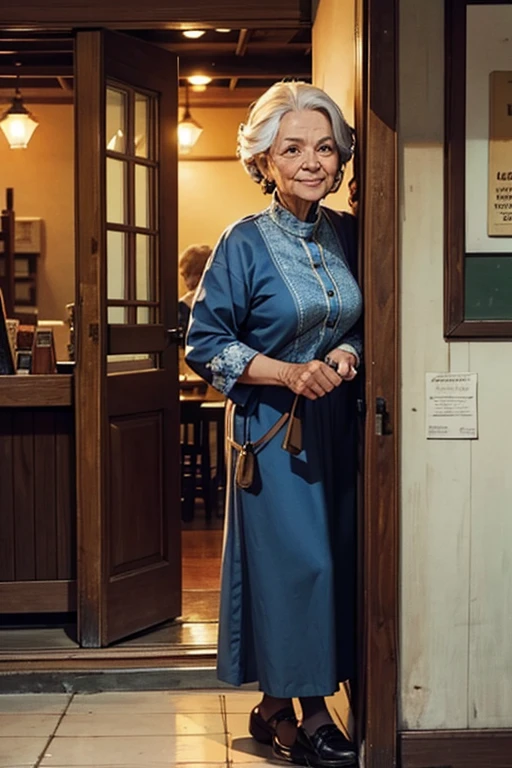 Photo of an old woman entering a restaurant, a beautiful and charming woman in old clothes