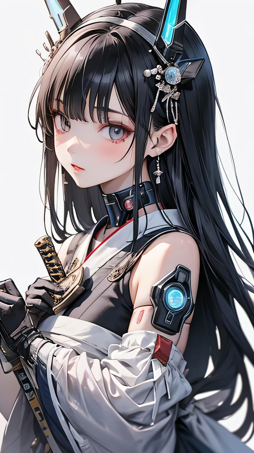 A woman in futuristic clothing holding a futuristic helmet and a futuristic sword, Trending on cgstation, Trending on cgstation, Portrait of a girl in the Knights of the Zodiac, Cute Cyborg Girl, Perfect android girl, Portrait Anime Astronaut Girl, Beautiful girl cyborg, Girl wearing mecha cyber armor, Game CG, cgsociety と fenghua zhong, Beautiful Cyborg Shrine Maiden