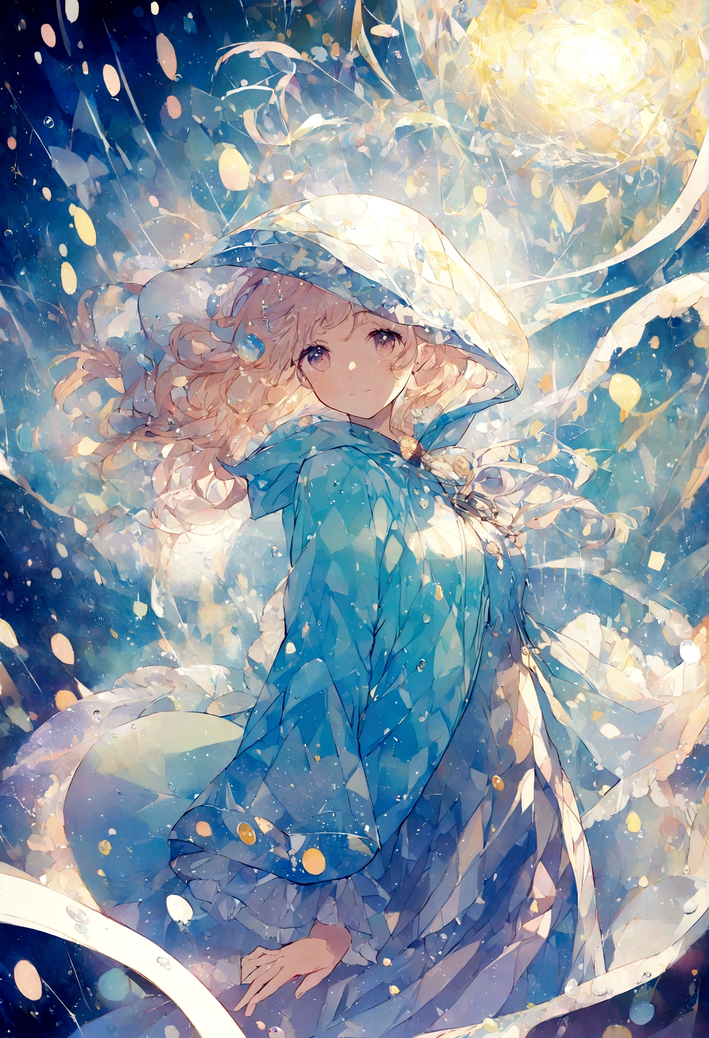 Japan anime illustration style、Beautiful expression of rain、The girl is dancing wearing a raincoat、Glittering water droplets、Geometric、The ground is reflecting、Like glasswork、Star drops and swirls of light sparkle.、(Very complex)、High brightness、Low contrast、Niji Journey Style、