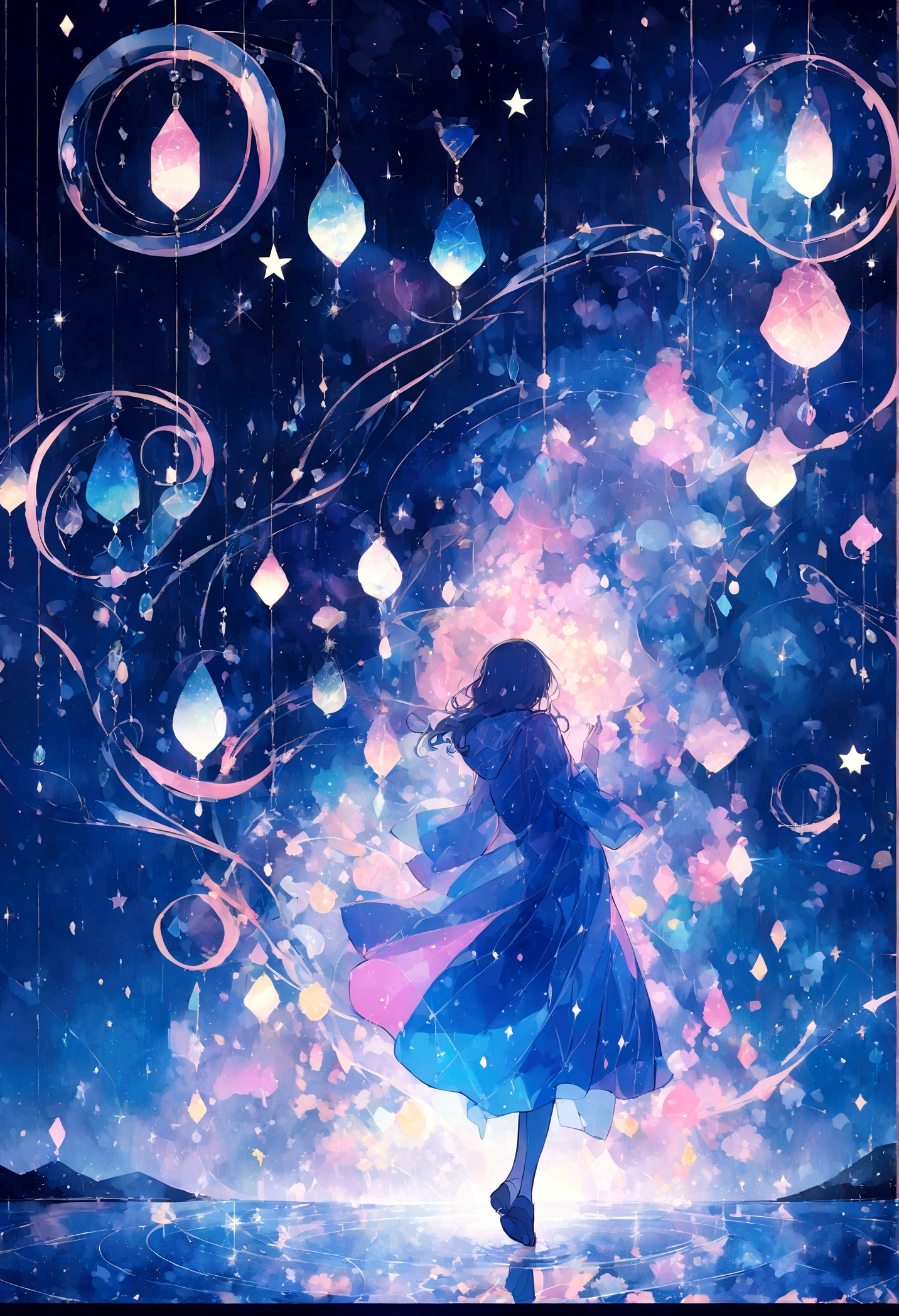 Japan anime illustration style、Beautiful expression of rain、The girl is dancing wearing a raincoat、Glittering water droplets、Geometric、The ground is reflecting、Like glasswork、Star drops and swirls of light sparkle.、(Very complex)、High brightness、Low contrast、Niji Journey Style、
