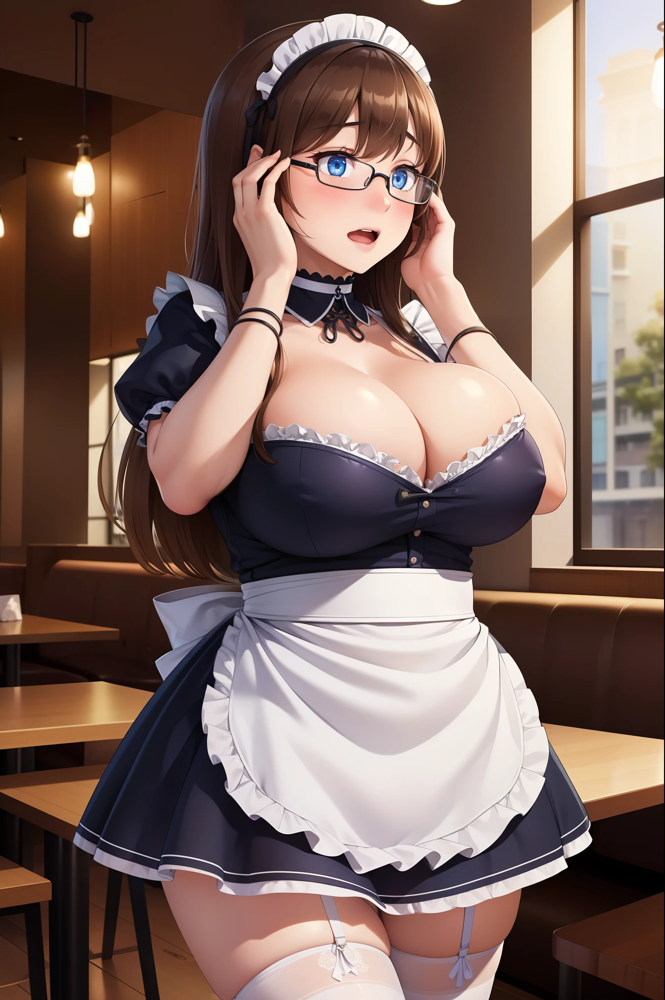 (masterpiece, best quality:1.4), illustration, 8k, hd, 1girl, solo, long_hair, brown_hair, dress, white_thighhighs, no underwear, short_sleeves, frills, apron, blue_eyes, cleavage, metal_collar, anchor_choker, maid, white maid, ((big breast, big ass, glasses, shy, blushing, everting eye contact, hands on face, open mouth)), (restaurant, maid cafe)