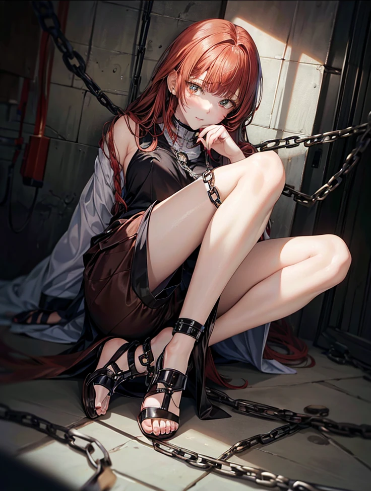 Masterpiece, best quality, (very detailed CG unified 8k wallpaper) (best quality), (best illustration), (best shade) 1girl, anime woman, sitting on a chain with her legs crossed, the anime woman is crouching, shackled in the void, in a prison cell, seductive anime girl, chainsaw man, makima, brown clothes, restrained, long light red/pale auburn hair, kept in a loose braid with bangs reaching just past her eyebrows and two longer side bangs that frame her face. Her eyes are yellow with multiple red rings within them