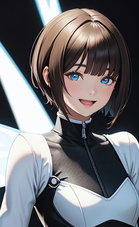 (Photorealistic:1.4)、(,20-year-old:1.5),(masterpiece、Blue lens flare:1.5、spot light:1.2、Exquisite beautiful eye:1.5,portlate),(kind eyes、tareme:1.9),(Black light:1.5)、Cute Face、 3D Face、(light brown hair:1.5)、(pixie cut:1.5),(sidelock :1.5),(blunt bangs:1.3),(1 woman)、(aqua eyes:1.2)、(upper body:1.5)、(Open mouth happy smile:1.5)、(half closed eyes:1.3),(head tilt) ,(Cute face:1.2),(flat chest),(),kind face,(white Bodysuit with (star shape cut out1.5)),(black background:1.5)、()、()、 Neat and clean、Adorable、Demure,Slim Body(),Shiny Hair、()、Nijisketch,Manga,blacklight