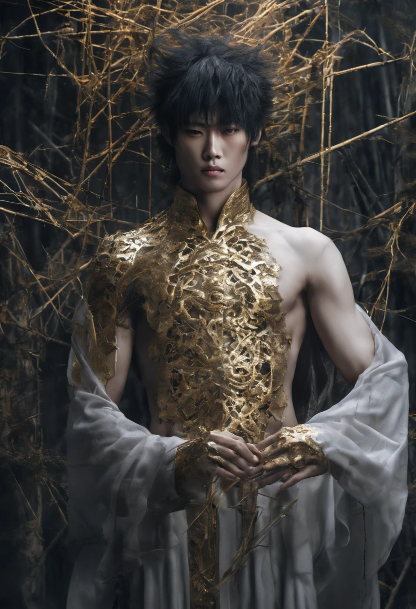 (highest quality:1.2), (High resolution:1.2), (Beautiful face and eyes:1.8), (sharpest focus:1.2), (Ultra-realistic photos:1.2), (超High resolutionの写真:1.2), (Written boundary depth:1.2), (Perfect Anatomy:1.2), (Nice hands:1.2), (Perfect hands:1.2),
(big, Fearless, Beautiful young Chinese man, length, Messy hair and a gold ring on his forehead:1.5), (bigきい, Muscular, Amazingly beautiful body:1.2), (Bamboo forest in the mountains of China:1.2), (A full moon night with a strange wind blowing:1.2),